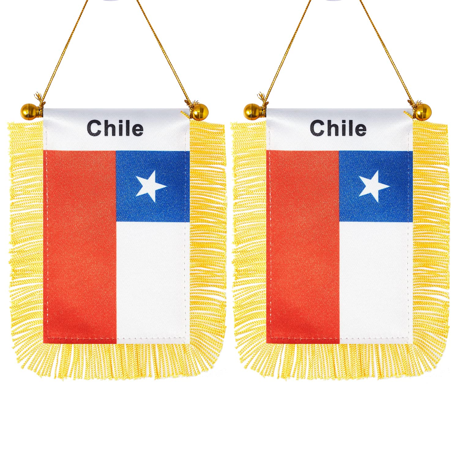 CANTENDO 2 Pack Chile Window Hanging Flag,Mini Chilean Car Flag with Pole Tassel Suction Cup Rearview Mirror Decoration(3X5 Inch) image number 1