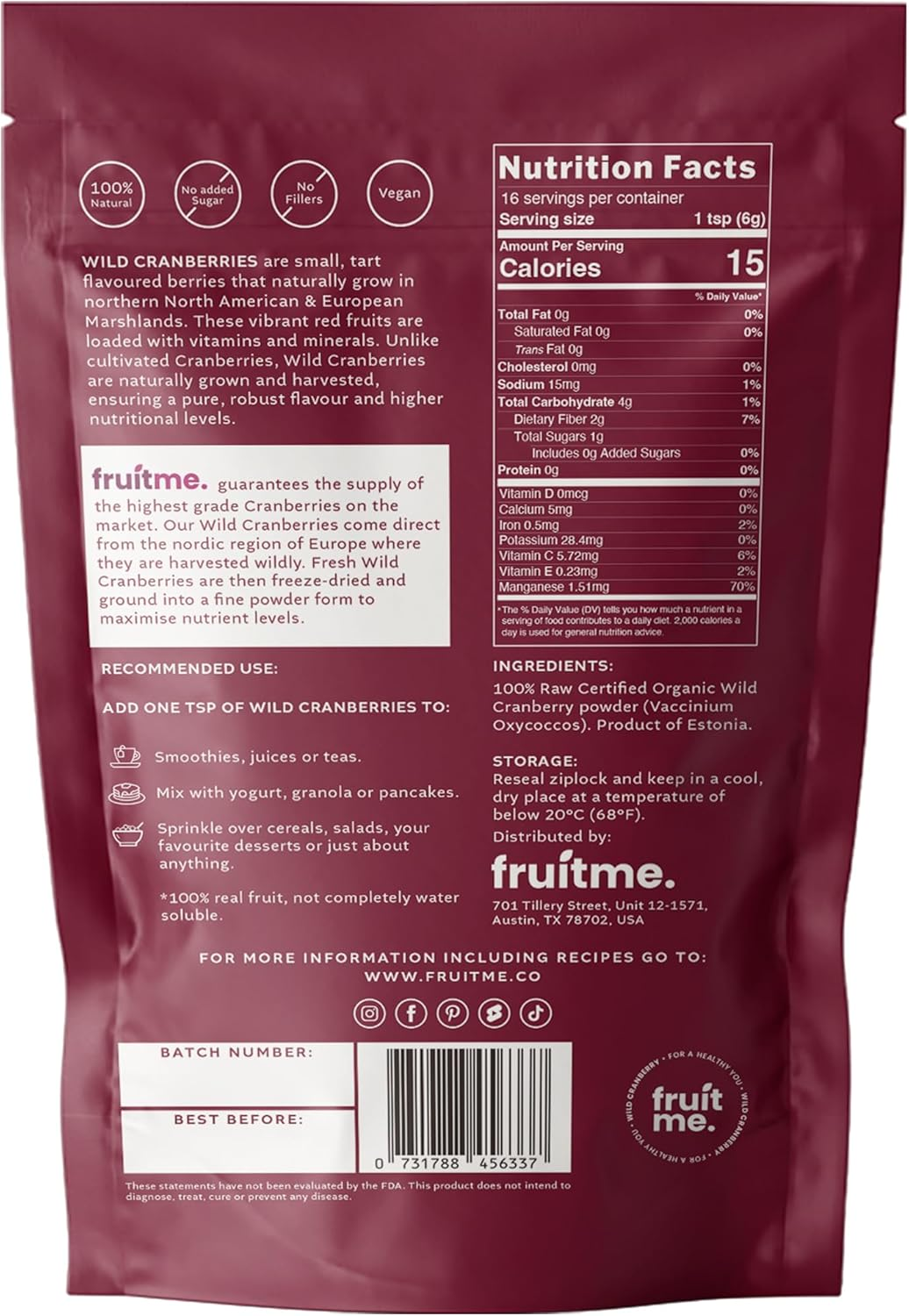 Raw Certified Organic 100% Wild Cranberry Powder Freeze-Dried 100G - Unsweetened Nutrient Dense Cowberry Superfood - Lingonberry Superfruit by Fruitme image number 6