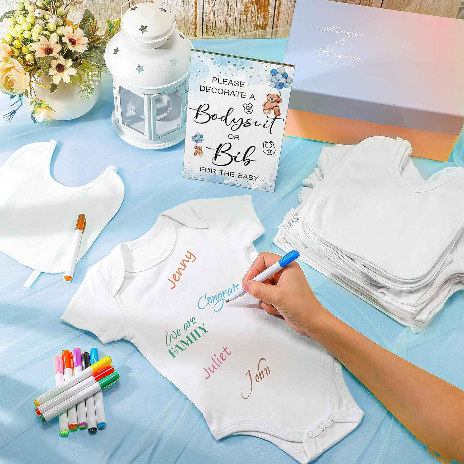 Roowest 35 Pcs Baby Shower Bibs Games Design Wooden Baby Shower Party Game Sign DIY Bodysuit Sign 15 White Blank Feeder Bibs 9 Newborn Bodysuit 10 Markers for Boys Girls(Bear) image number 4
