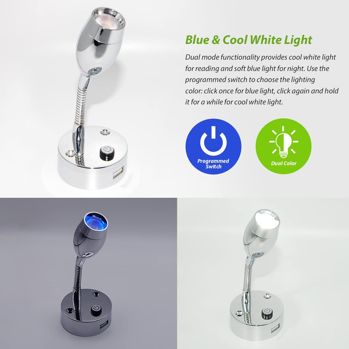 Dream Lighting 12V LED Reading Mini Spot Lights Book Bedside Map Ipad Lamp Caravan RV Motorhome Boat Marine Yacht with USB Charging Port Cool White/Blue Flexible Arm Pack X2