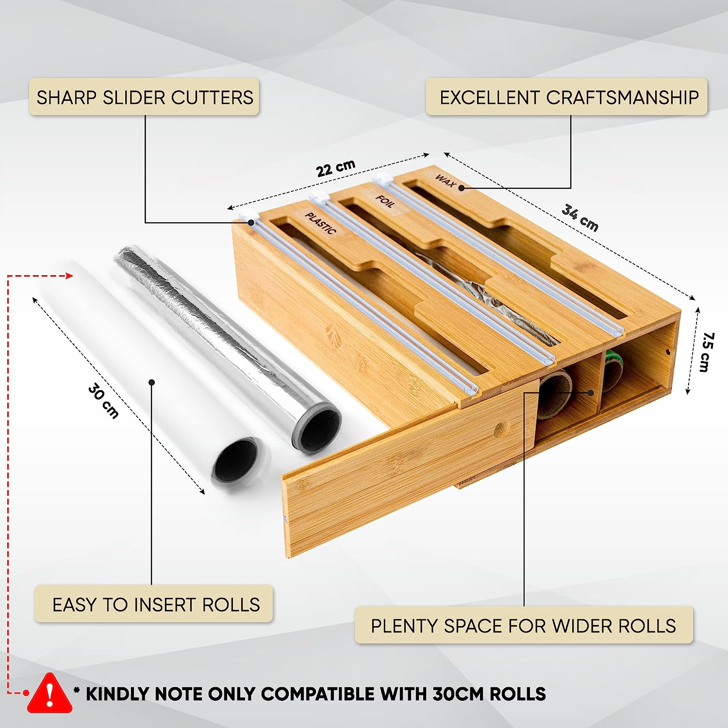 3 in 1 Wrap Dispenser with Cutter &ndash; Glad Wrap and Foil Dispenser Fits 30 Cm Rolls ONLY &ndash; Kitchen Drawer Organiser for Foil and Cling Wrap Compatible with All Brands for Cling Plastic Foil Baking Paper