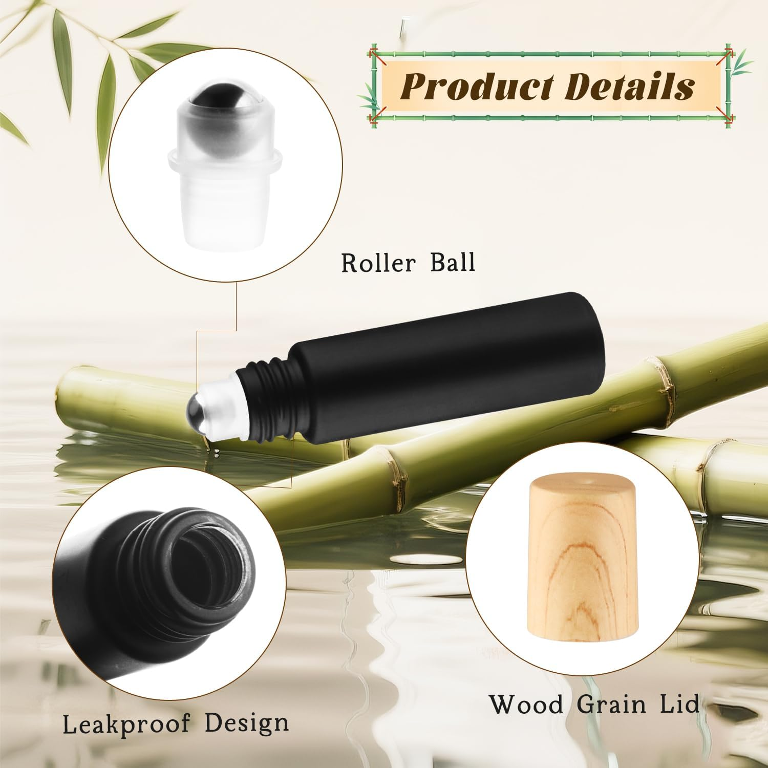 Cositina 20 Pcs 10Ml/0.34Oz Frosted Glass Roller Bottles Refillable Perfume Bottles with Stainless Steel Roller Balls & Wood Grain Lids for Travel Essential Oils - Black - Black image number 4