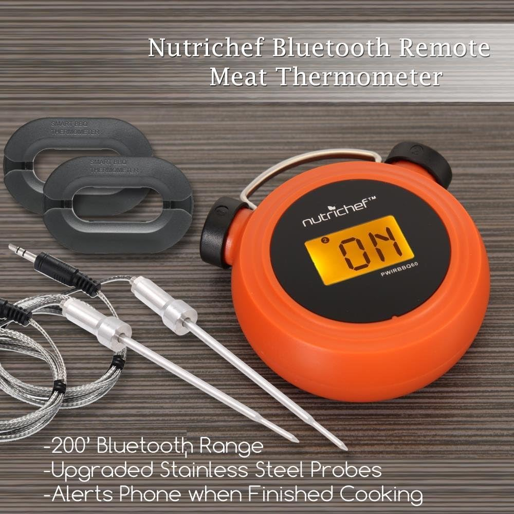 Nutrichef Smart Bluetooth BBQ Grill Thermometer - Digital Display, Stainless Dual Probes Safe to Leave in Outdoor Barbecue Meat Smoker - Wireless Remote Alert Ios Android Phone Wifi App - PWIRBBQ60