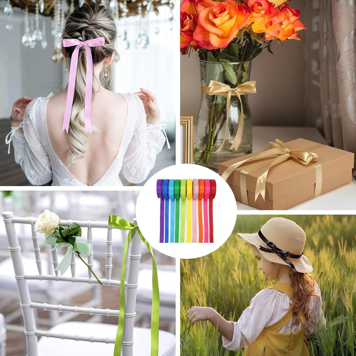 YKHNIS Rainbow Ribbon Solid Color Assortment 10 Colors 1Cm X 4.58M (2/5 Inch &times; 5 Yds) Double Face Satin Ribbon for Gift Wrapping Happy Birthday Party Decorations