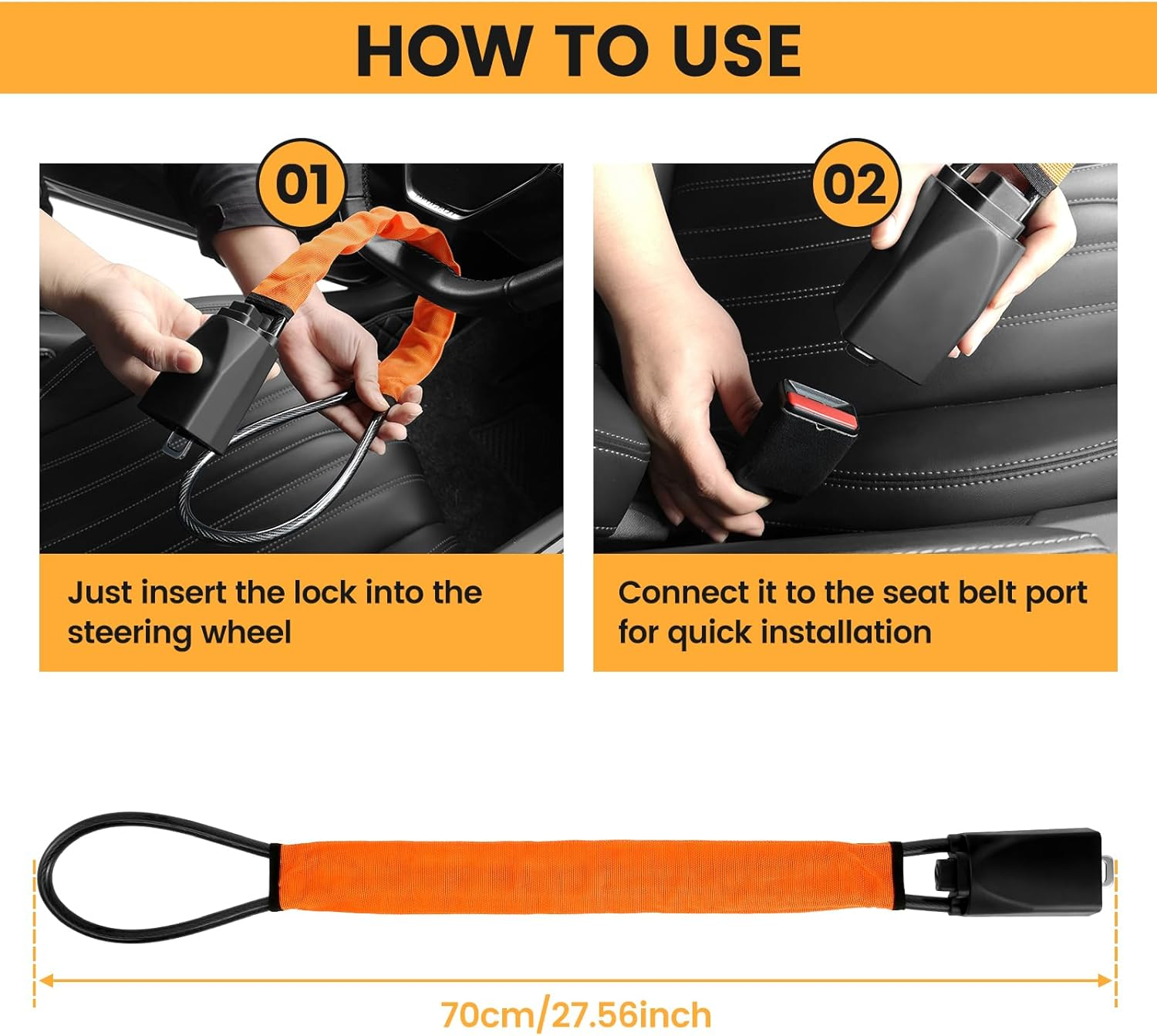 Auto Security Lock, Steering Wheel Lock Car Lock Rope with 3 Keys, Anti-Theft Car Seat Belt Lock, Orange image number 2