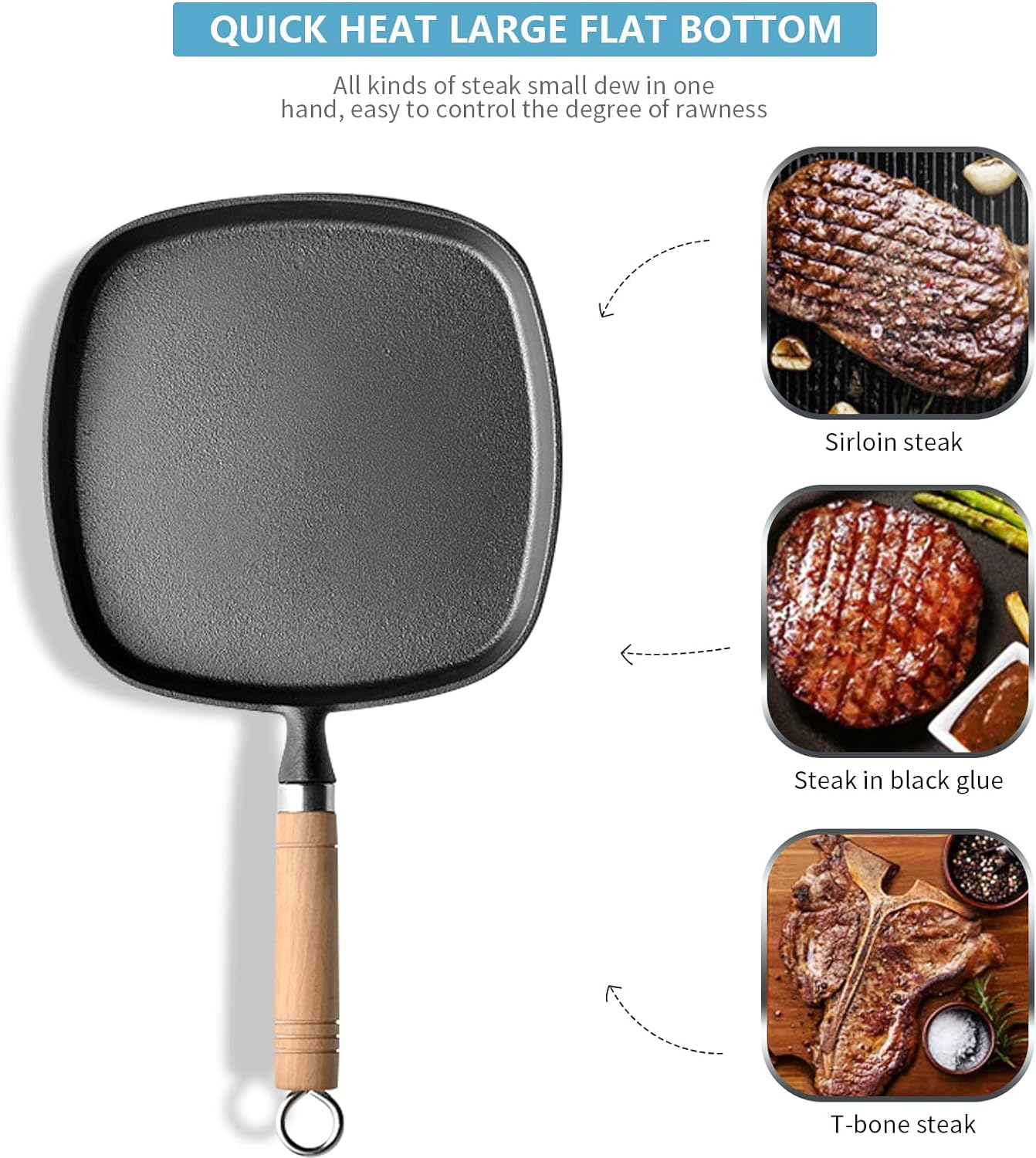 Cast Iron Grill Pan,8.6 Inch Steak Frying Pan 22Cm Square Grill Pan with Protective Wooden Handle for Kitchen BBQ Home Outdoor image number 3