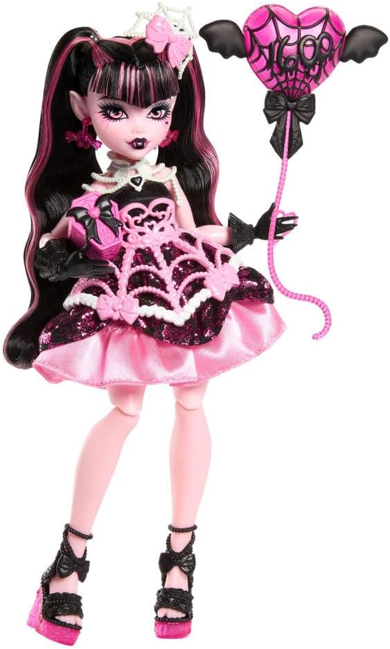 Monster High Scary Sweet Birthday Doll, Draculaura in Pink Party Dress with Themed Accessories like Invite, Balloon, Gift, Fan and More image number 3