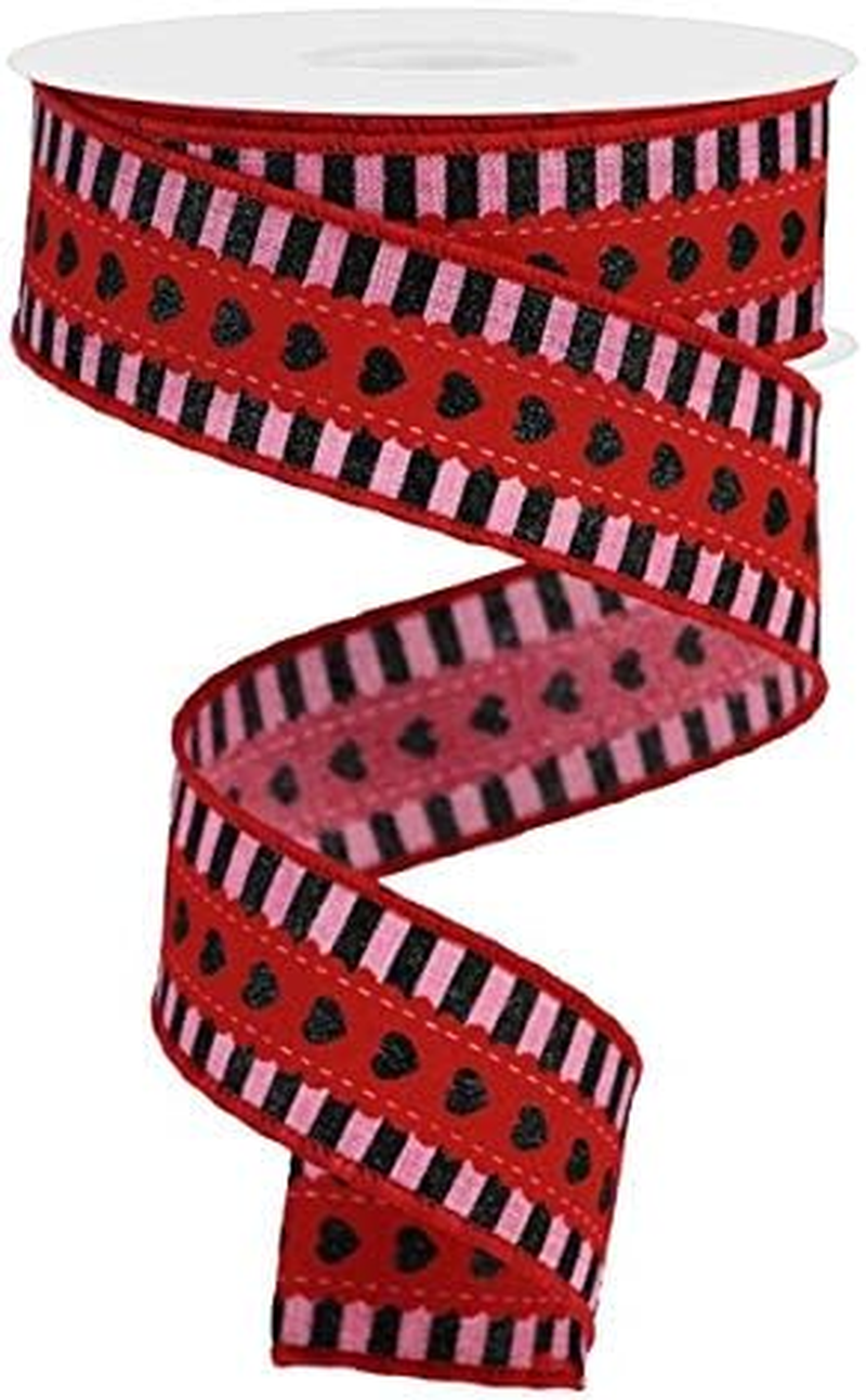 Hearts with Stripes Canvas Wired Edge Ribbon, 1.5 Inch X 10 Yards (Pink, Red, Black)