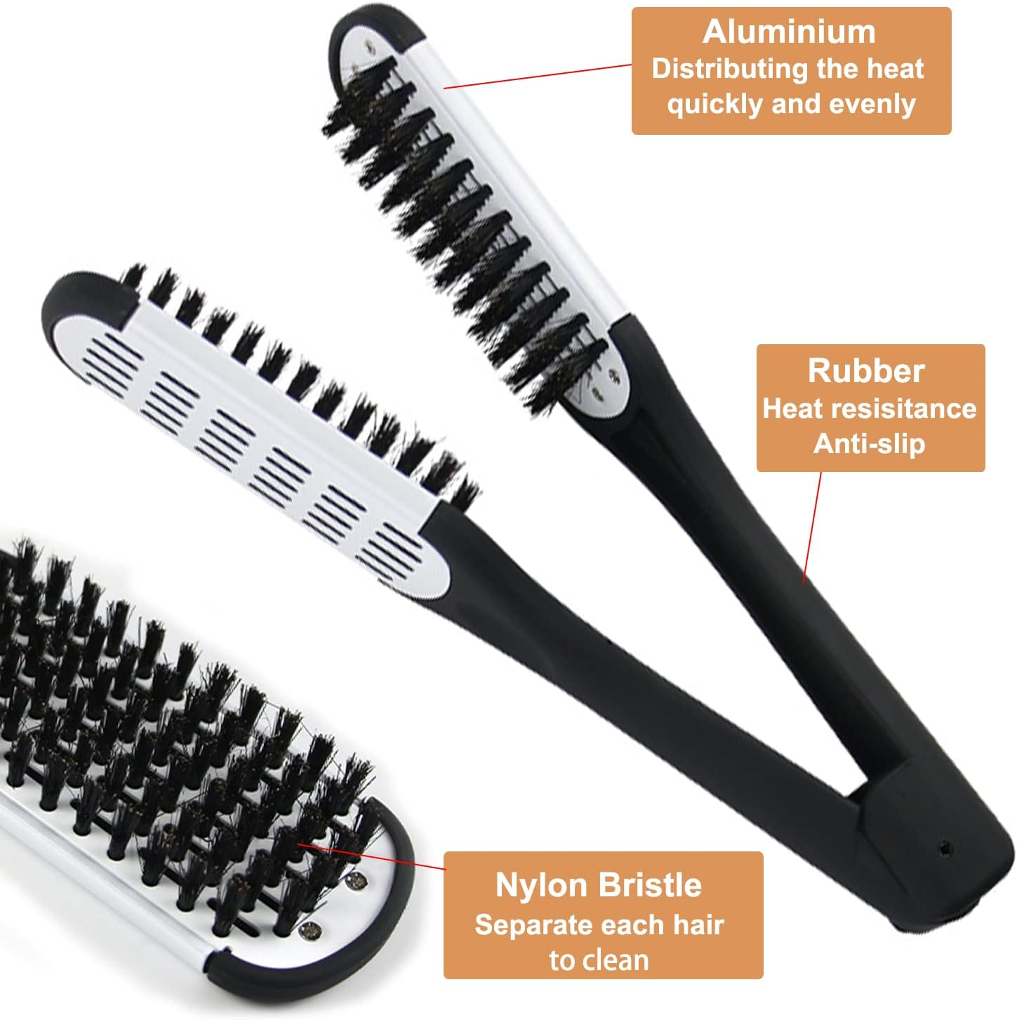 Clamp Hair Brush Straightener Detangler Comb Nylon Bristle Double Sided Straightening Air Vented Flat for Wet,Dry,Fine,Thick Natural Hair (White)