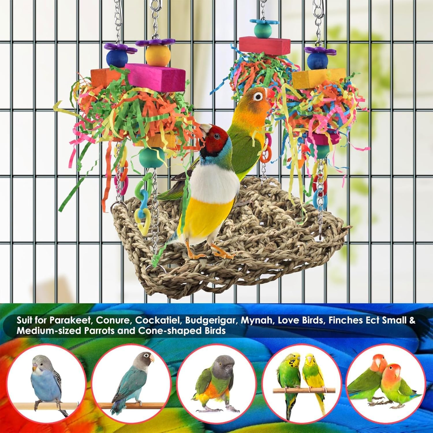 Cozioz Bird Grass Swing Mat &ndash; Parrot Climbing Hammock with Colorful Toys, Perfect for Conures, Parakeets, Cockatiels, Sun Conures, Lovebirds, Budgies, and Small Birds image number 4