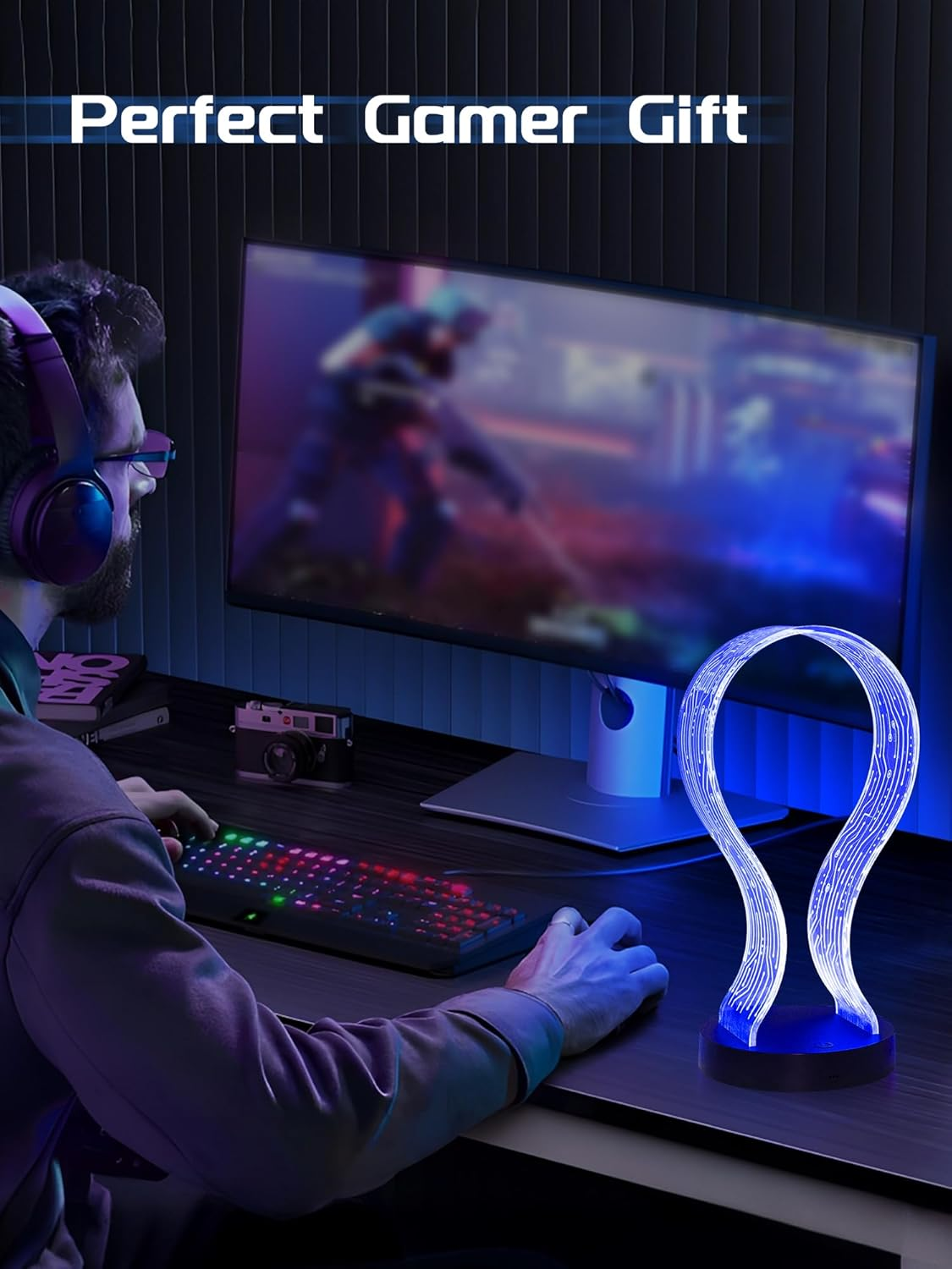 Light up Headphone Stand with 16 Color Lights, PCB Pattern Acrylic Headset Stand with 1 USB and 1 Type-C Charging Ports, Gifts for Gamers Men and Music Lovers image number 3