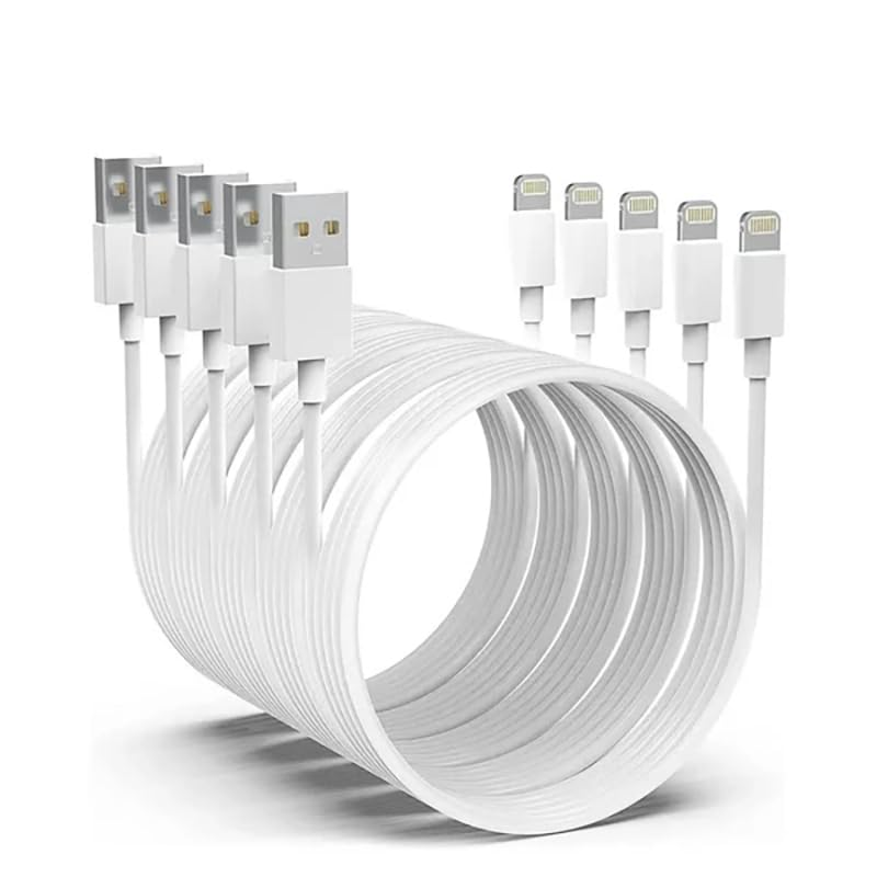 5 Pack 2M Long Data Transfer Charger Charging USB Cable Cord for Apple Iphone Ipad Ipod Bulk White TPE Plastic