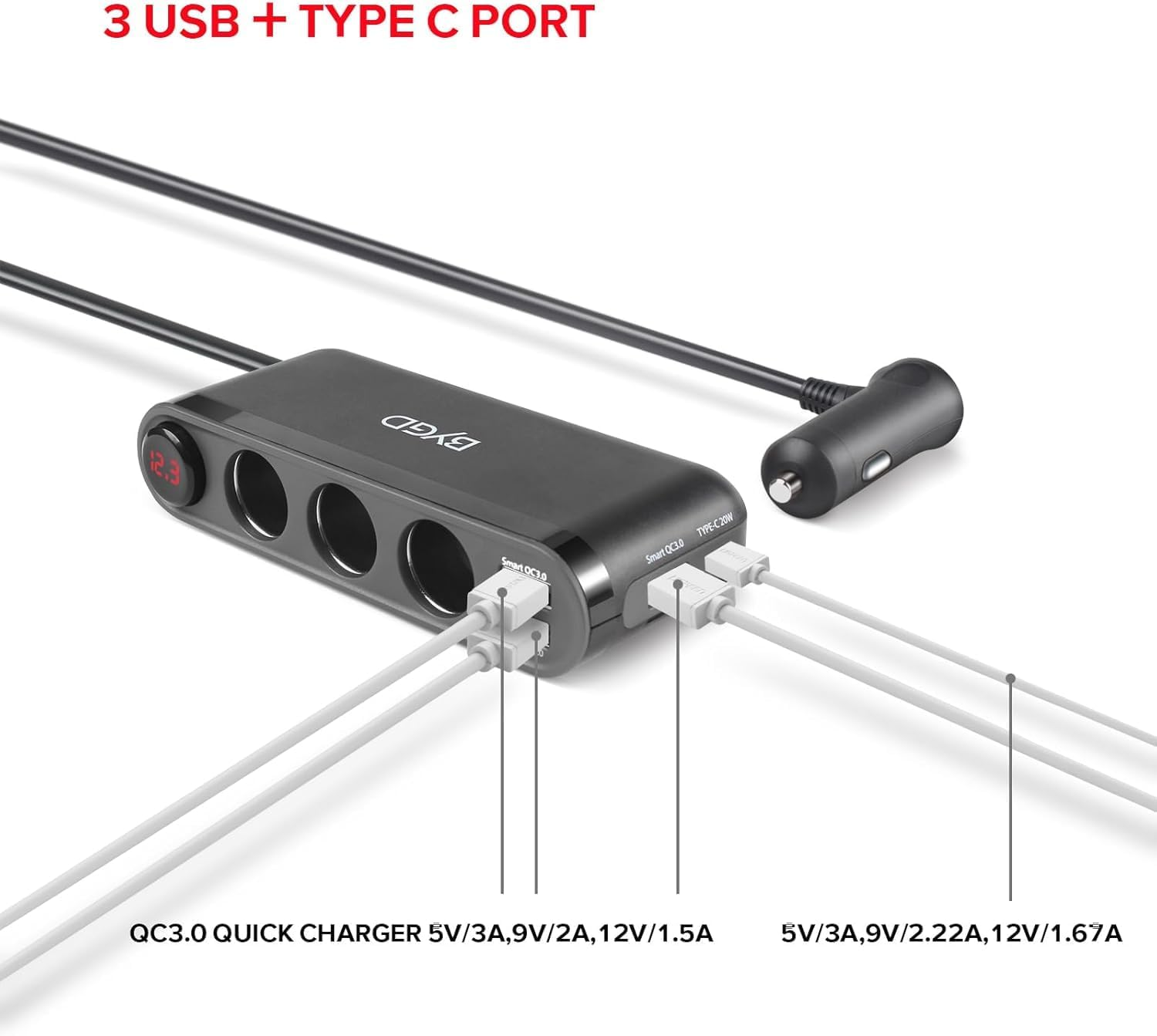 Quick Charge 3.0 and USB C Charger 20W Car Cigarette Lighter Adapter 200W High Power 12V/24V Car Splitter with 3 Socket Cigarette Lighter Splitter with Multifunction Charger image number 4