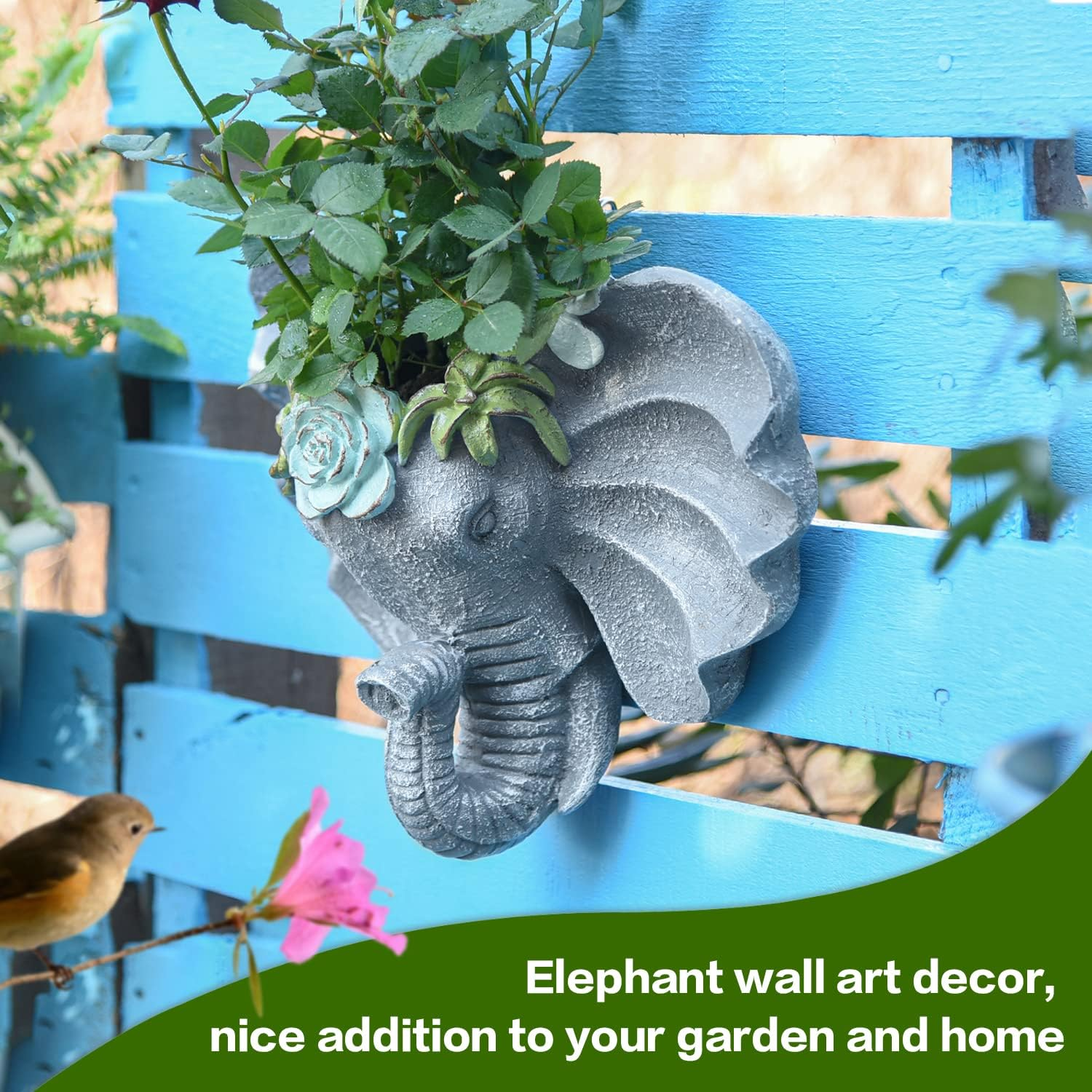 Sungmor Elephant Head Shaped Wall Hanging Planter Flower Plant Pot - Resin & Hand Painted & Grey - Sculpture Garden Wall Decoration Outdoor Plant Container image number 4