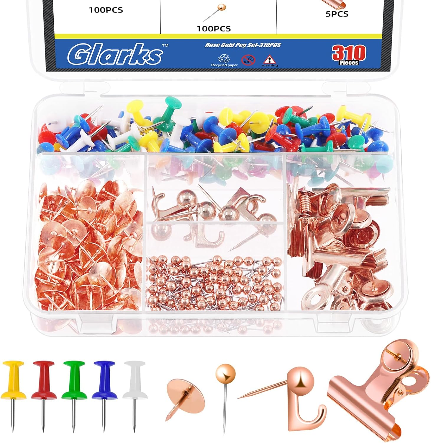 Glarks 310Pcs 5 Styles Rose Gold Push Pins Set, Thumb Tacks Decorative Push Pins for Bulletin Board Decorations, Artworks, Photos, Craft Projects