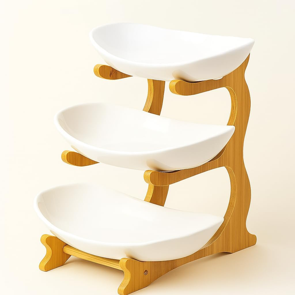 COZYVISTA - 3 Tier Fruit Bowl Stand &ndash; Bamboo Frame with White Ceramic Bowls for Countertop Storage & Display &ndash; Tiered Fruit Holder for Kitchen, Dining, or Pantry &ndash; Space-Saving & Modern Design image number 4