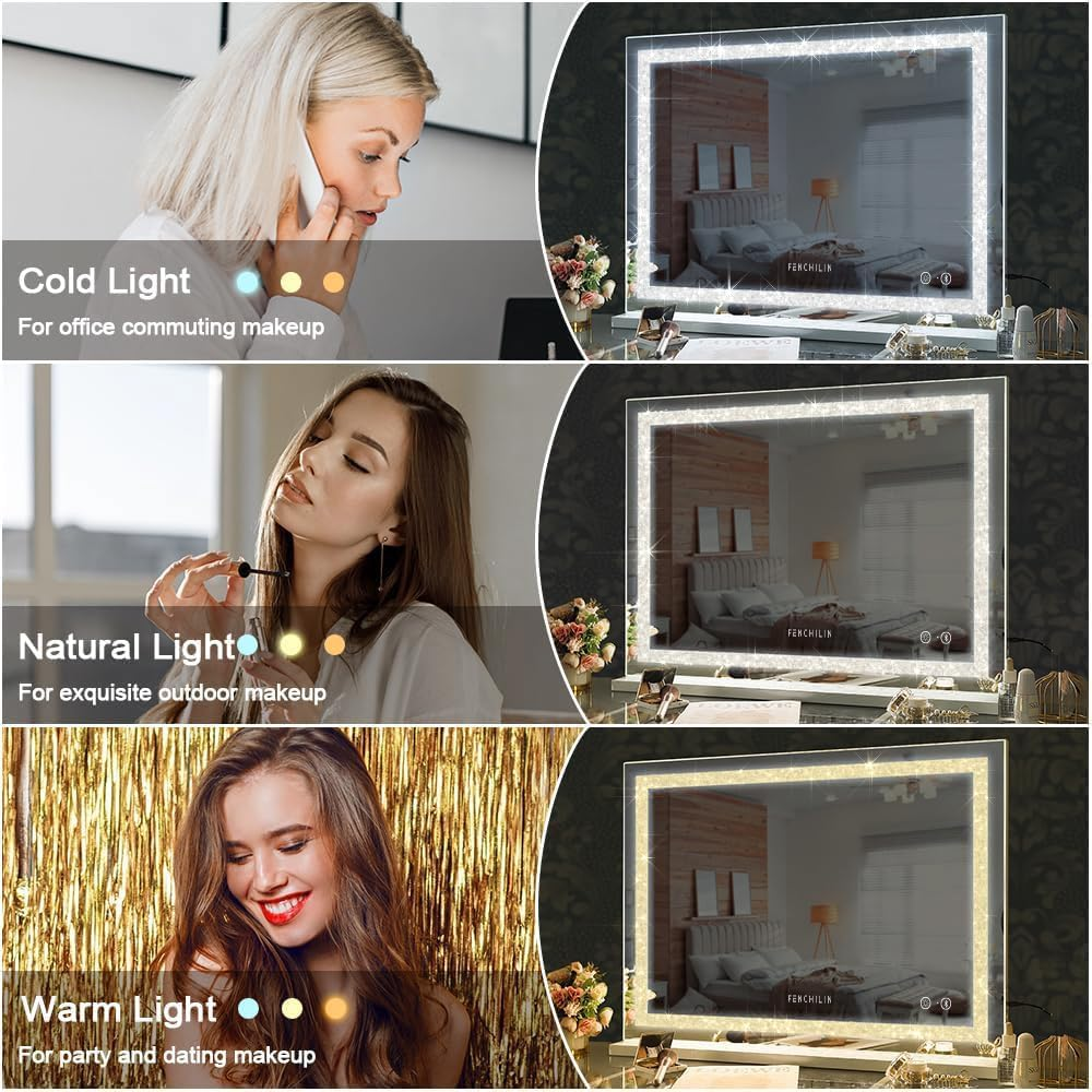 FENCHILIN Vanity Mirror Crystal Crushed Diamond 31.5" X 22.8" Makeup Mirror with Bluetooth Speaker Large Hollywood Mirror with Dimmable LED Light Strip USB Charge Port 3 Color Modes White image number 5