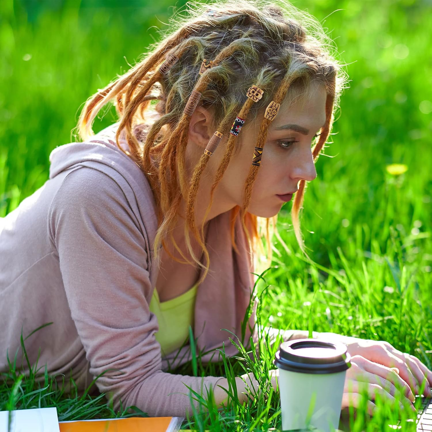 HINZIC 54 PCS Hair Jewelry Braids Fabric Dreadlock Beads Vintage Locks Hair Clips African Beads Simulation Wood Dreadlock Accessories for Halloween Costume Christmas Women Reggae of Men image number 3