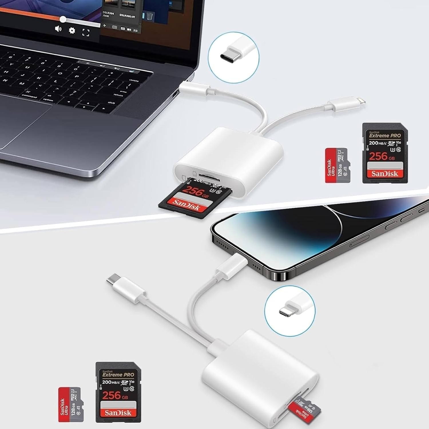 SD/TF Card Reader，For Iphone Ipad Camera Type-C & Lightning to SD/TF Dual Card Slot Reader，2 in 1 Micro SD/TF Memory Card Adapter image number 5