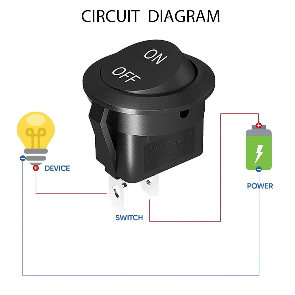 12V Circular Toggle Switch, 2-Pin SPDT, 20A/12V DC, 10A/125V AC, Black, Manual, Snap-In Mount, Hinge Lever, ON-OFF