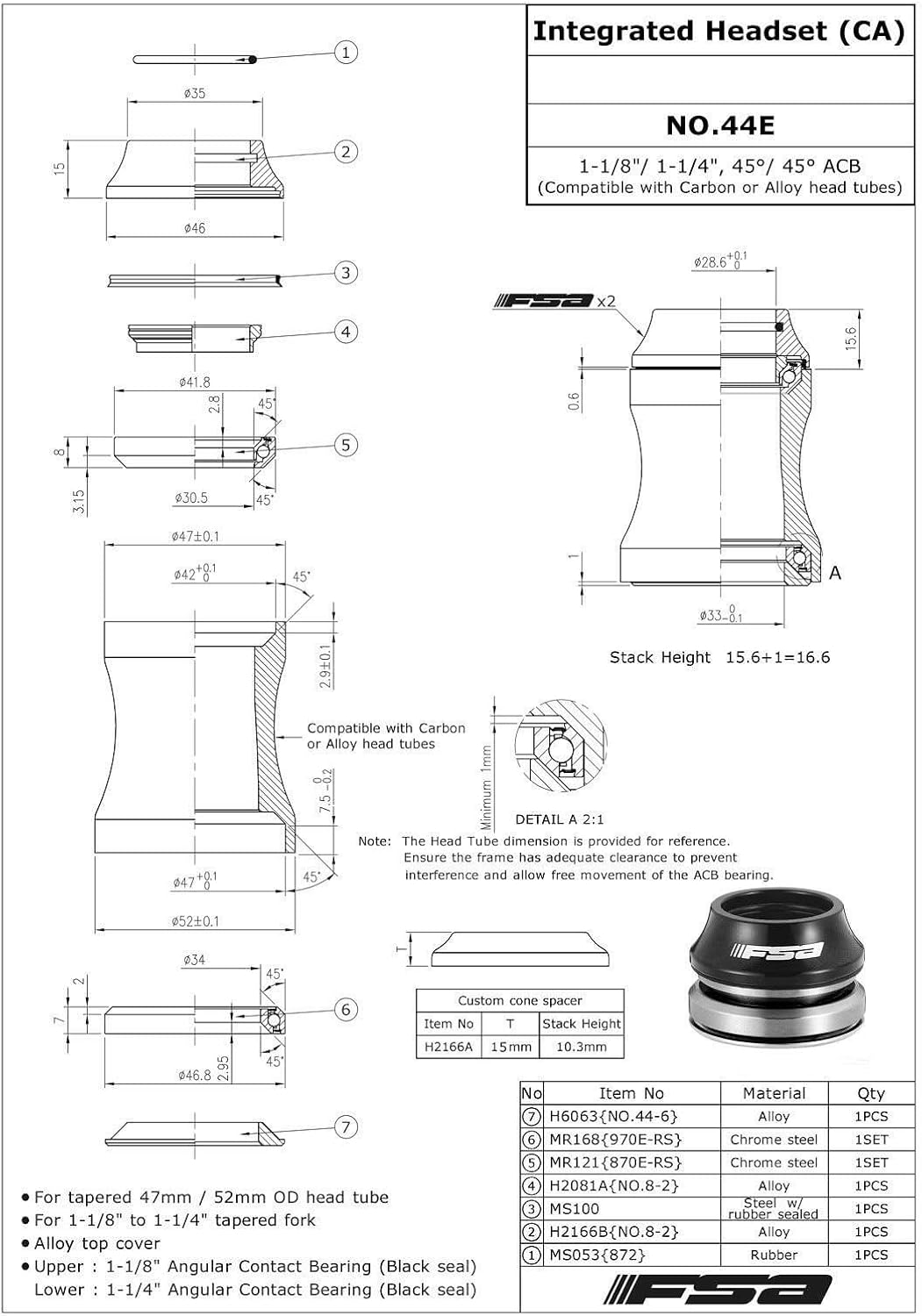 FSA Orbit C-33 Integrated Headset Fit 1-1/8" to 1-1/4" (Height:15.8Mm) Tapered #XTE1592