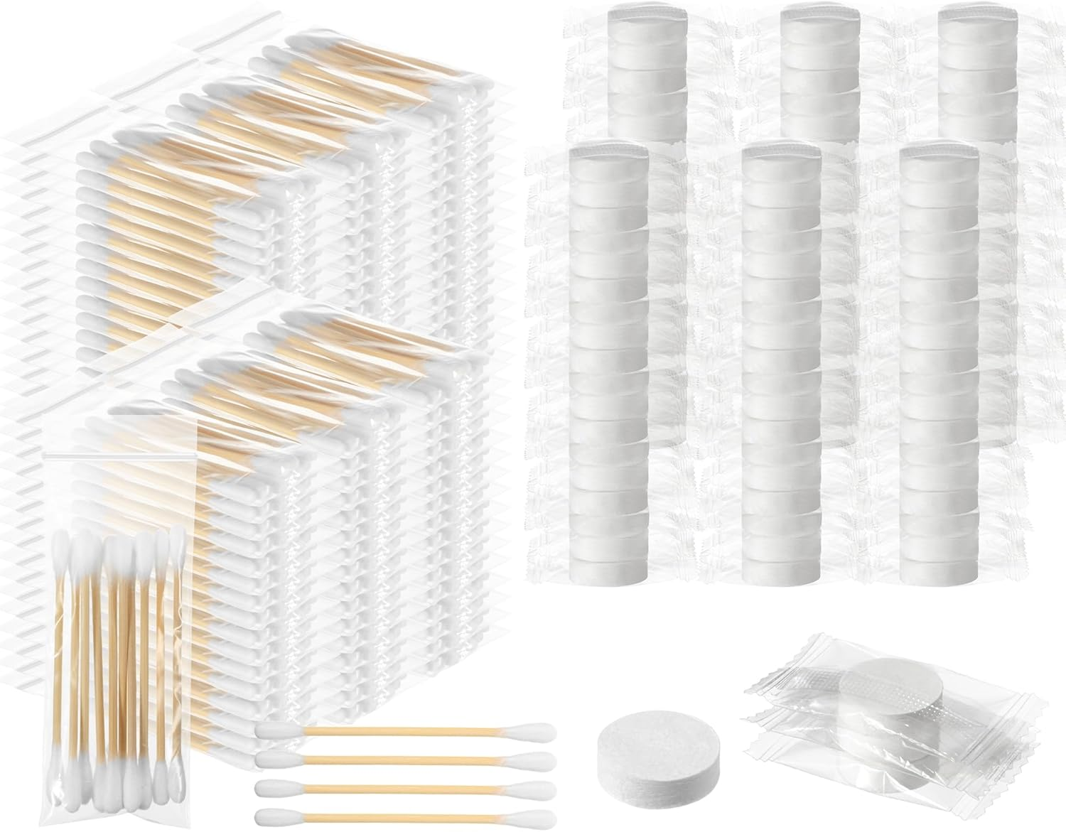 1000 Travel Cotton Swabs Individually Packaged Double Headed Cotton Swabs and 200 Compressed Towels Portable Disposable Mini Compressed Towels Suitable for Travel Hotel Makeup Care