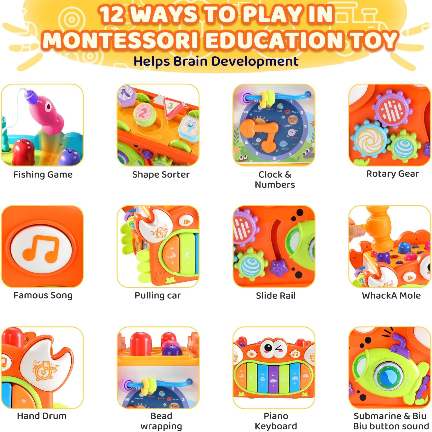 15 in 1 Crab Activity Cube Toy, Hammering Pounding Toys with Music Lights, Montessori Educational Learning Toys for 3 Years Old Girl Birthday (Orange) image number 3