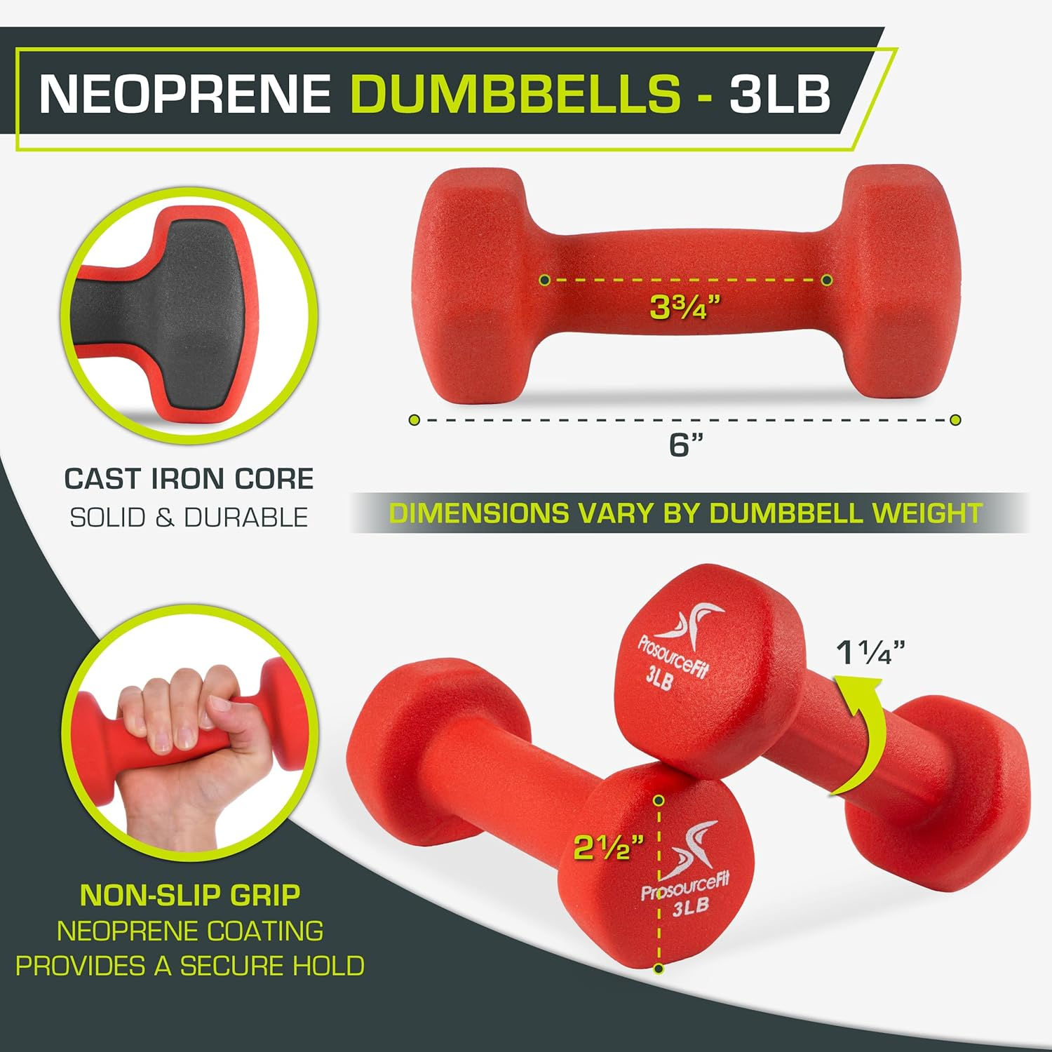 Prosourcefit Neoprene Dumbbell Coated for Non-Slip Grip, 3 Lb image number 2