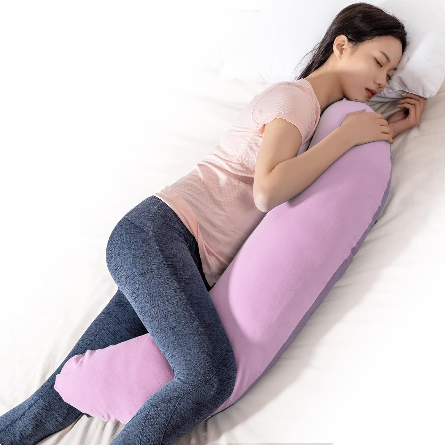 BYRIVER 39" Pink Purple Cute Body Pillow for Women Girl Side Sleepers, C Shaped Pregnancy Pillow, Anxiety Relief Hugging Pillow for Adults, 100% Cotton Pillow Cover, Gifts for New Mom (ZI-L) image number 5