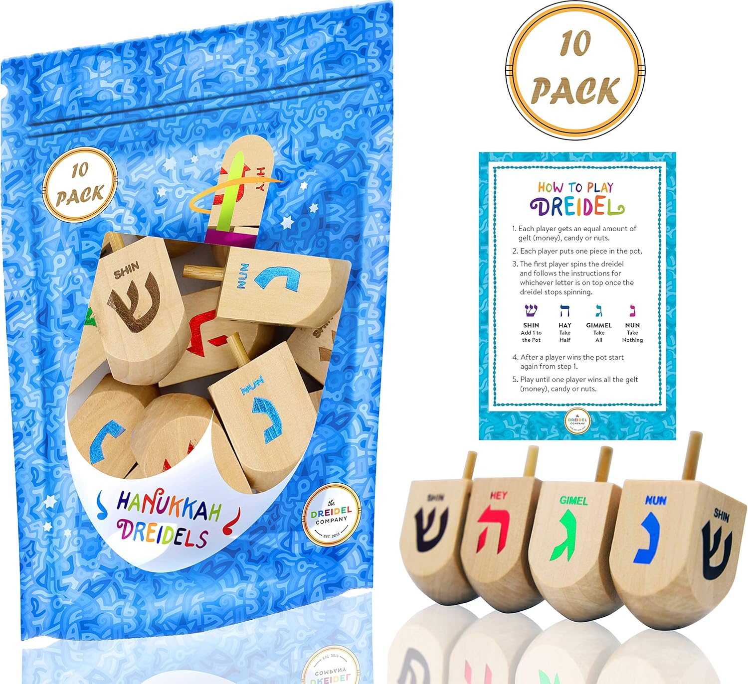 Hanukkah Dreidel Extra Large Wooden Dreidels Hand Painted - Includes Game Instruction Cards! (4-Pack XL Dreidels) image number 2