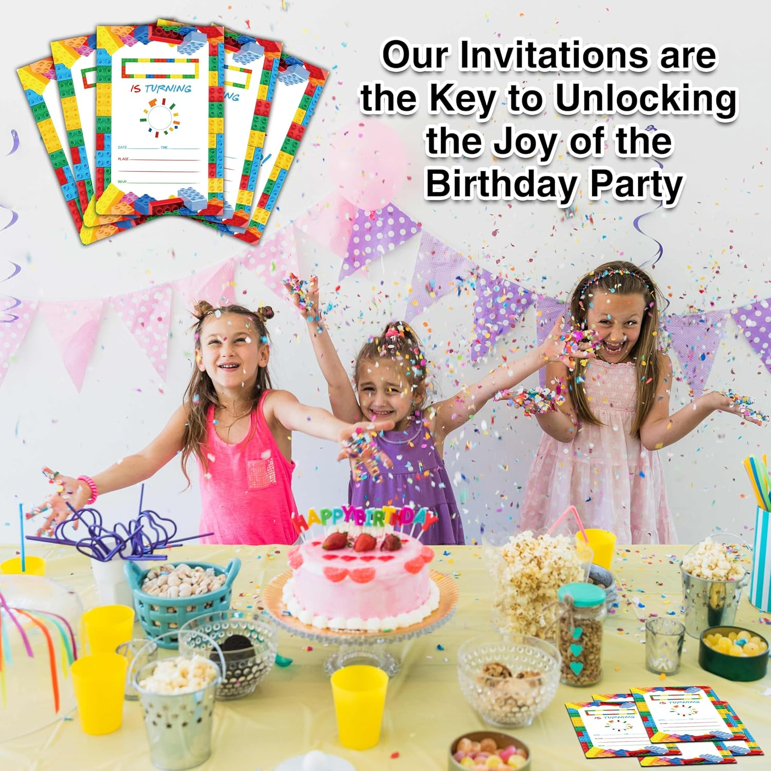 Birthday Invitations - Building Blocks Birthday Invites with Envelopes(25-Count) - Stacking Block Bricks Fill-In Party Invite Cards for Boys Girls Party Supplies Favors - A19 image number 3