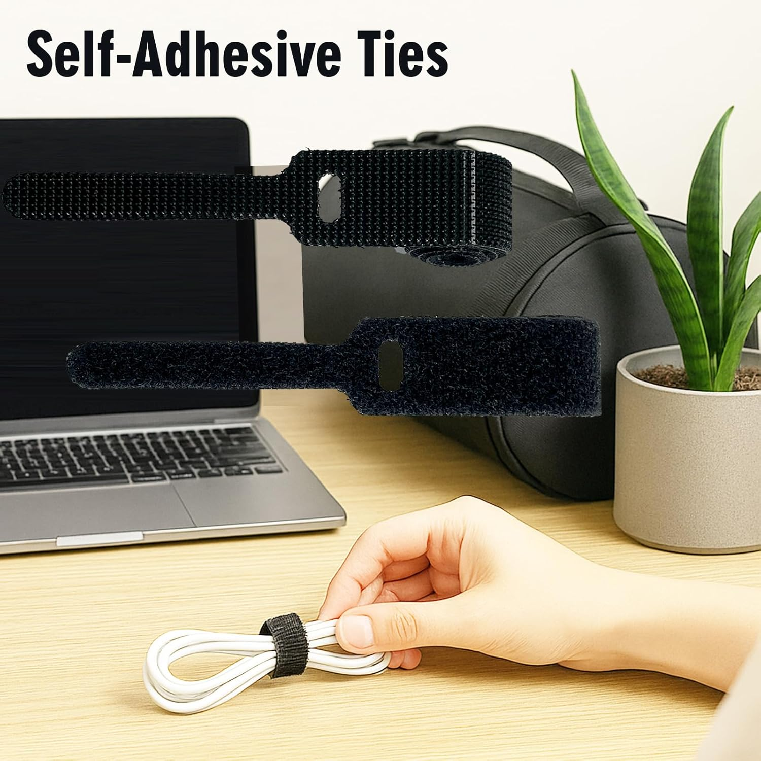 2Pack Reusable Self Ties - Multi-Purpose Holder Hook & Loop Cable Straps Wire Ties, Adjustable Fastening Organizer, Cord Wrap and Hook Loop Cords for Home and Office Organization,Black image number 5