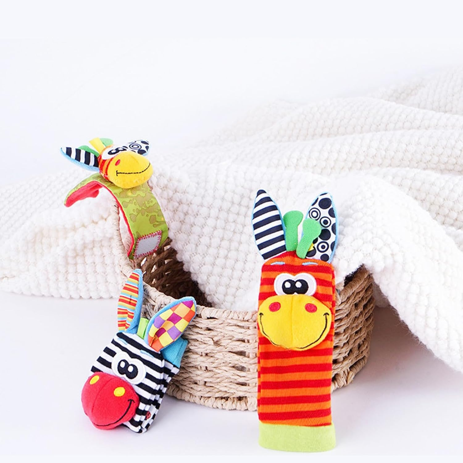 Baby Wrist Rattle Foot Finder Socks 4Pcs,Newborn Sensory Learning Toys for 0-3-6-12 Months, JOMWEN Cartoon Animal Rattles Tummy Time Toy Gift for Baby Boy Girl, Hand Bracelet Rattle Foot Socks image number 6