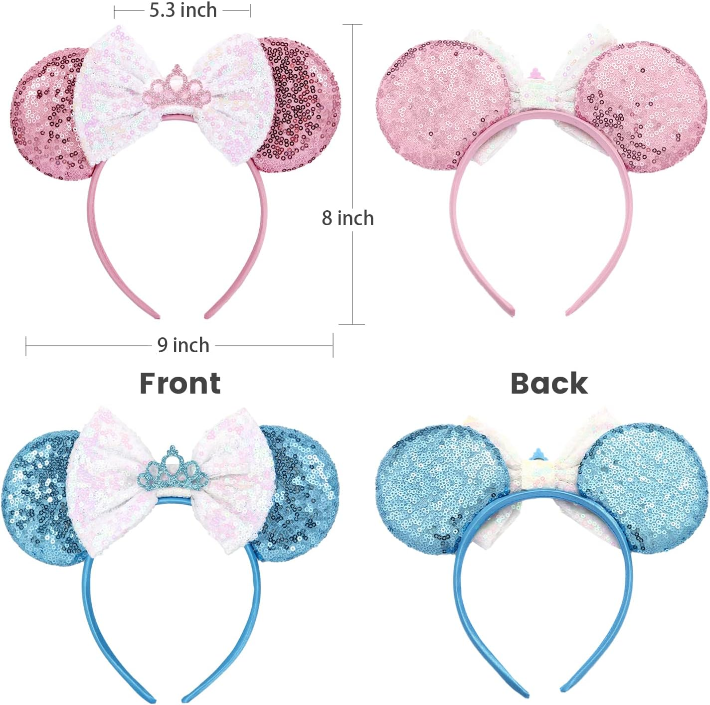 2 PCS Sequin Mouse Ears Bow Headbands for Kids Girls Women, Glitter Party Princess Decoration Cosplay Birthday Christmas Party (Blue+Pink) - Blue+Pink image number 2