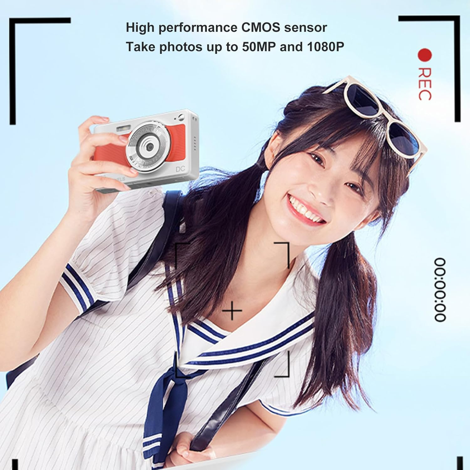 50MP 1080P Digital Camera - Autofocus, 8X Zoom, 2.8In Display Screen, Type C Fast Charging for Kids Teens Students (White and Orange) - Silver image number 3