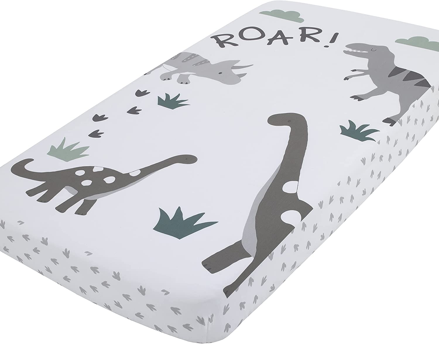 Nojo Jungle Trails White, Green, & Gold Stay Wild Animal Print with Leaves Photo Op 100% Cotton Nursery Fitted Crib Sheet, Grey, Green, Gold, White