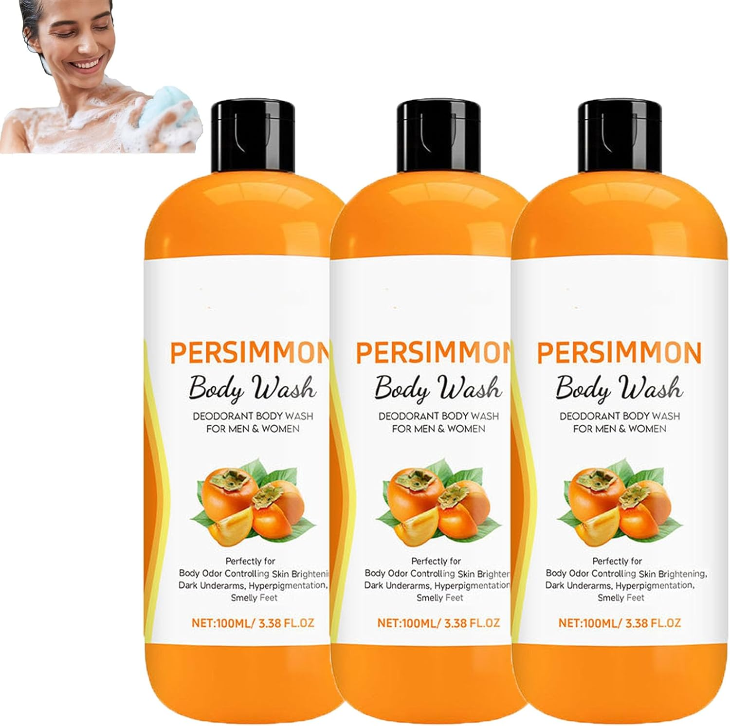 Persimmon Body Wash for Body Odor Controlling, Natural Deodorant Wash, Deeply Cleansing & Moisturizing, Fresher Scent, Gentle Ingredient Persimmon Extraction Oil for Women (3Pcs)
