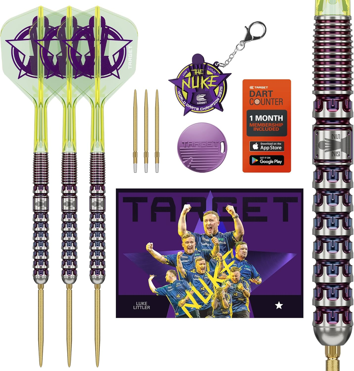 Target Darts Luke Littler World Champion Swiss Point Steel Darts 90% Tungsten Dart Set, 23G | the Nuke 2025 Special Edition K-Flex, Includes Key Ring, SLK Swiss Point Tips and Swiss Tool image number 2
