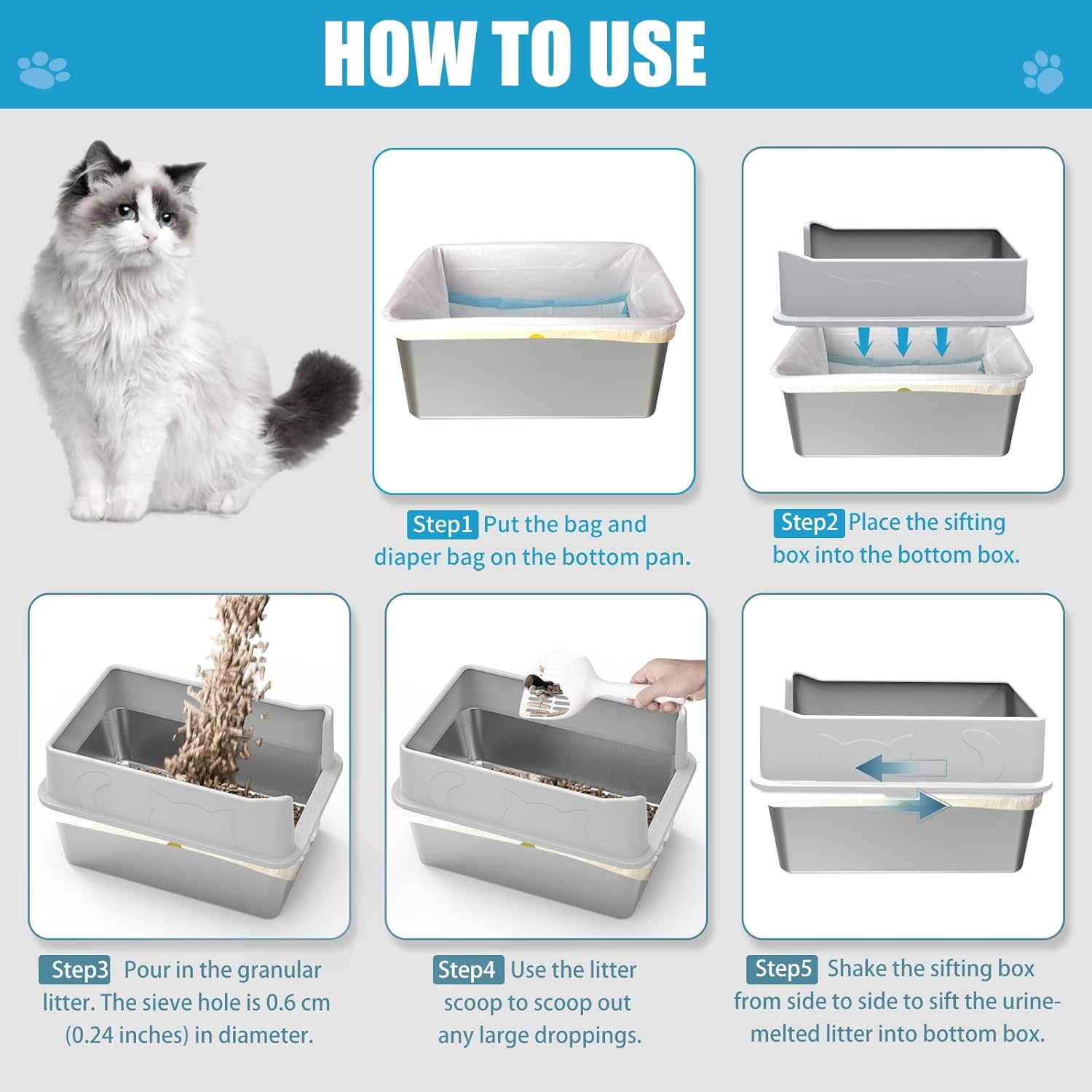 Stainless Steel Cat Litter Box with Lid, XL High Sided Metal Sifting Litter Box, Enclosed Litter Box for Big Cats, Anti-Leakage, Easy Clean, Include Scoop, Liner, Pee Pad and Hook image number 3
