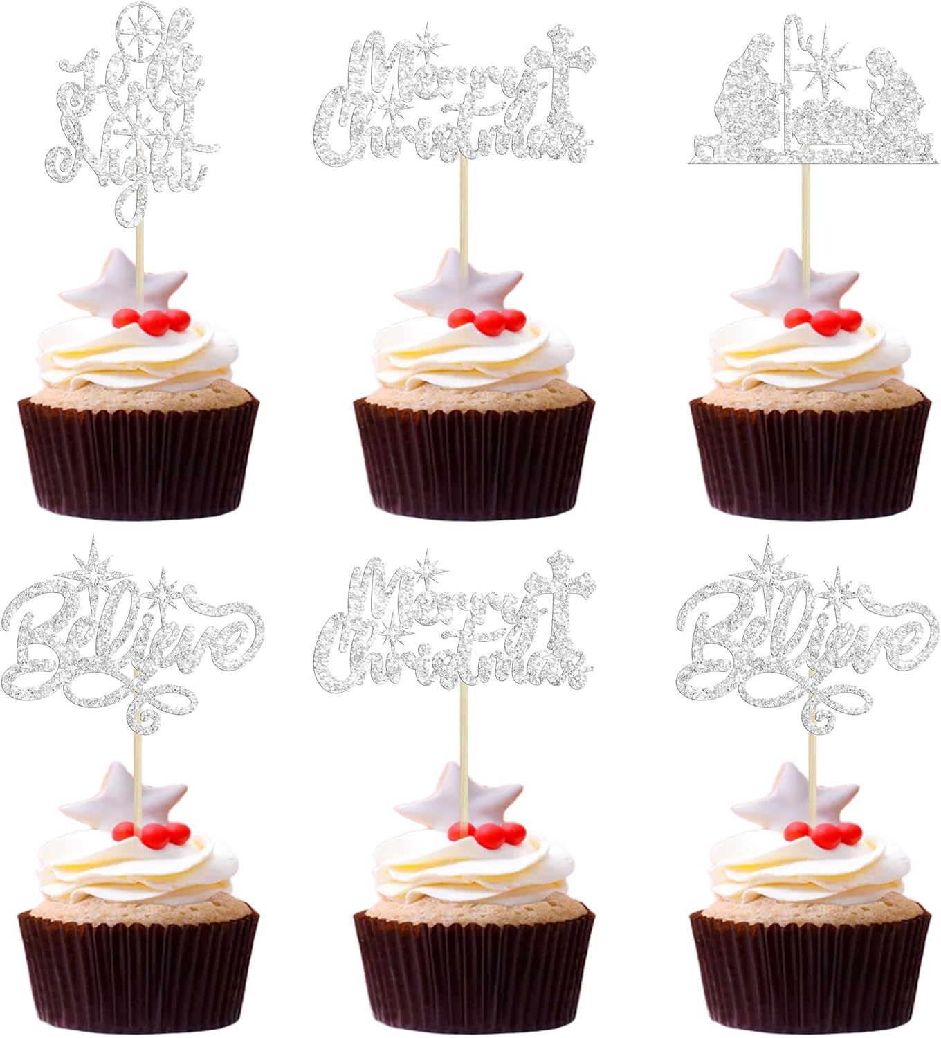 24Pcs Merry Christmas Nativity Cupcake Toppers Glitter Holy Night Blessed Hope Believe Jesus Birthday Cupcake Picks for Nativity Scene Theme Christmas Party Supplies Silver