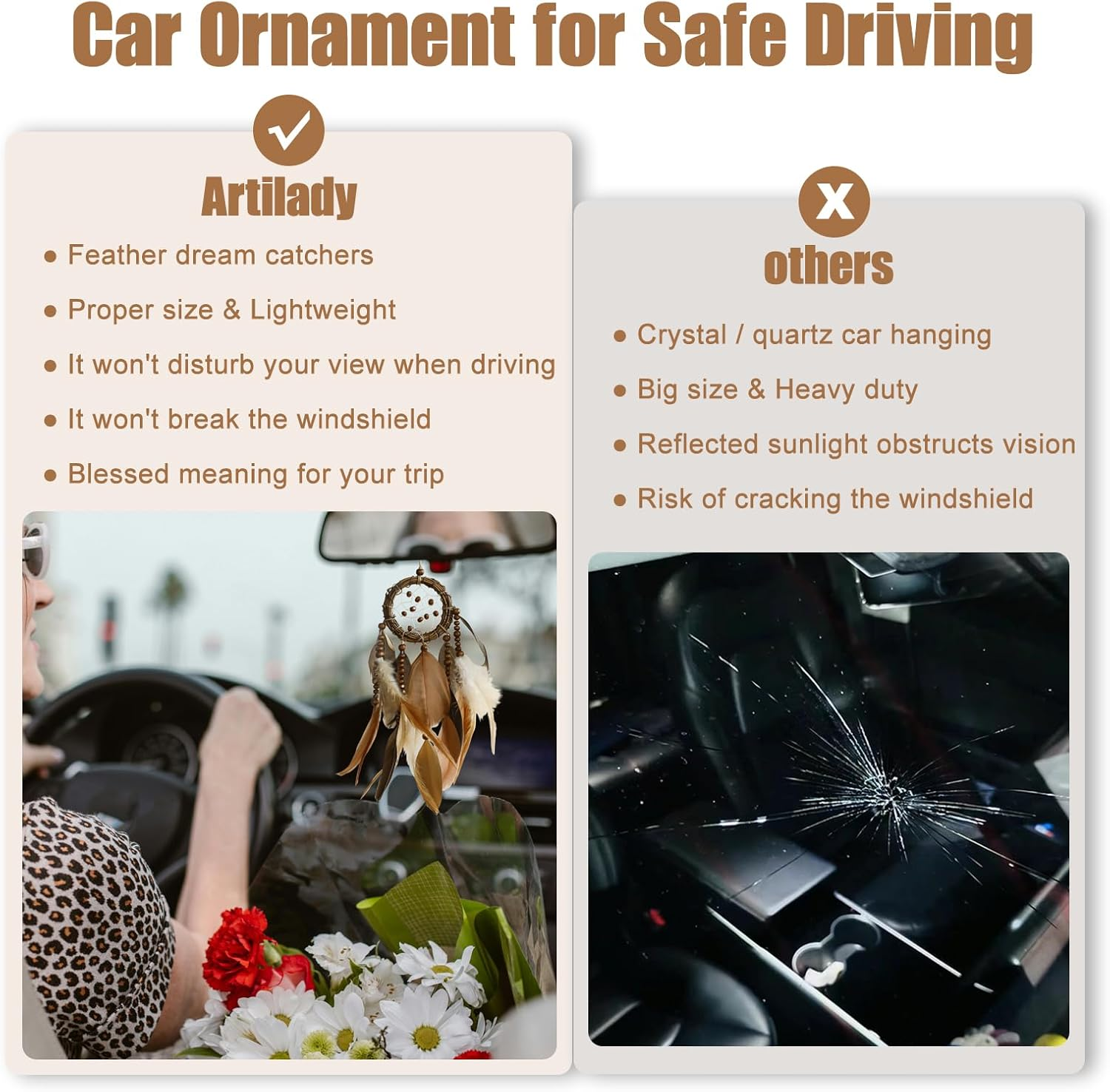 Mini Dream Catcher for Car Rear View Mirror Accessories - Handmade Small Brown Dreamcatchers Boho Car Charm Interior Decor, Native Ameican Indian Hanging Ornament Room Decor