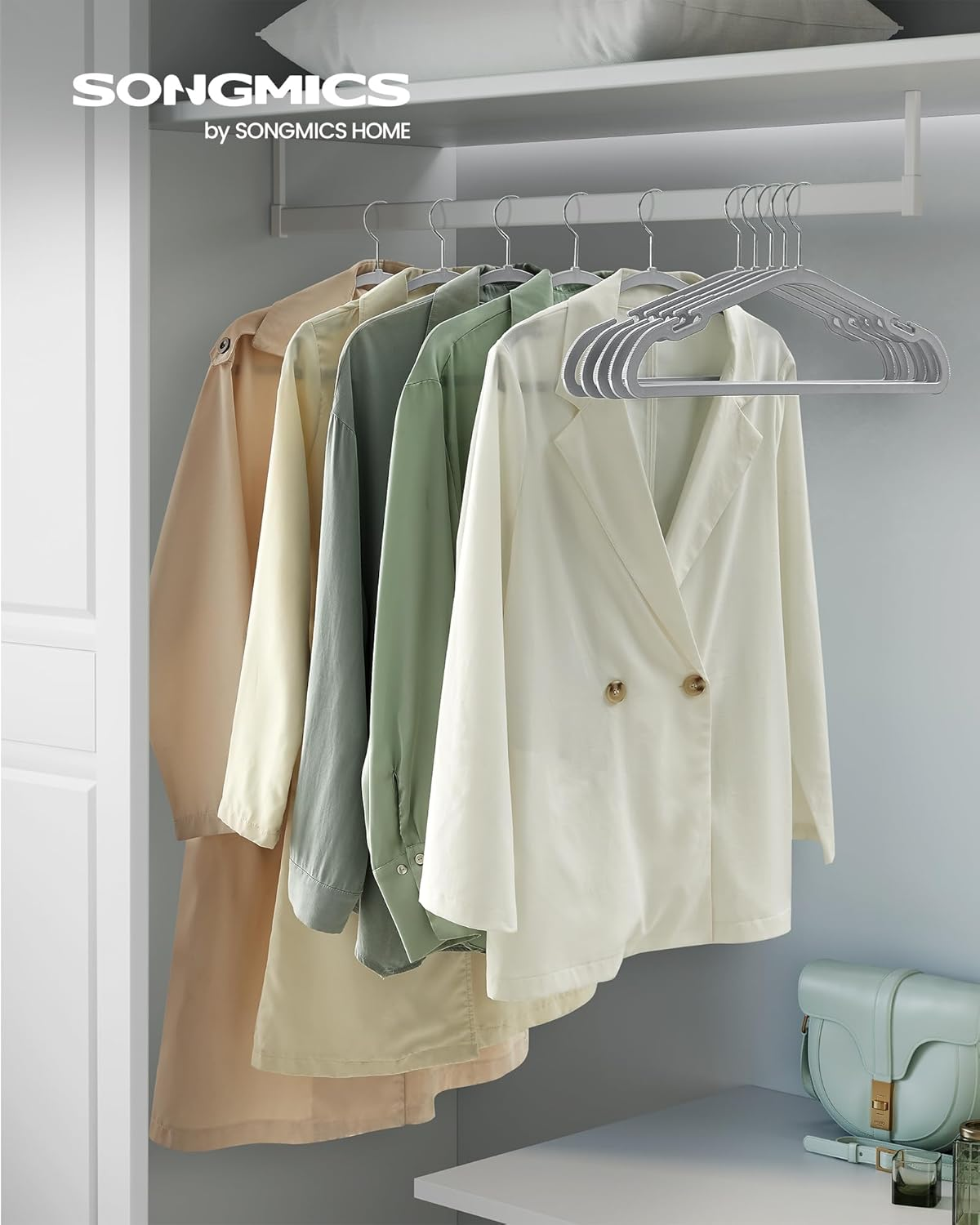 SONGMICS Coat Hangers, Pack of 30, Heavy-Duty Plastic Hangers, with Wide Shoulder Notches, Trousers Bar, 360&deg; Swivel Hook, Space-Saving, 41.6 X 21.4 Cm, for Wardrobe, Grey CRP065G01 - 50, Cloud White image number 3
