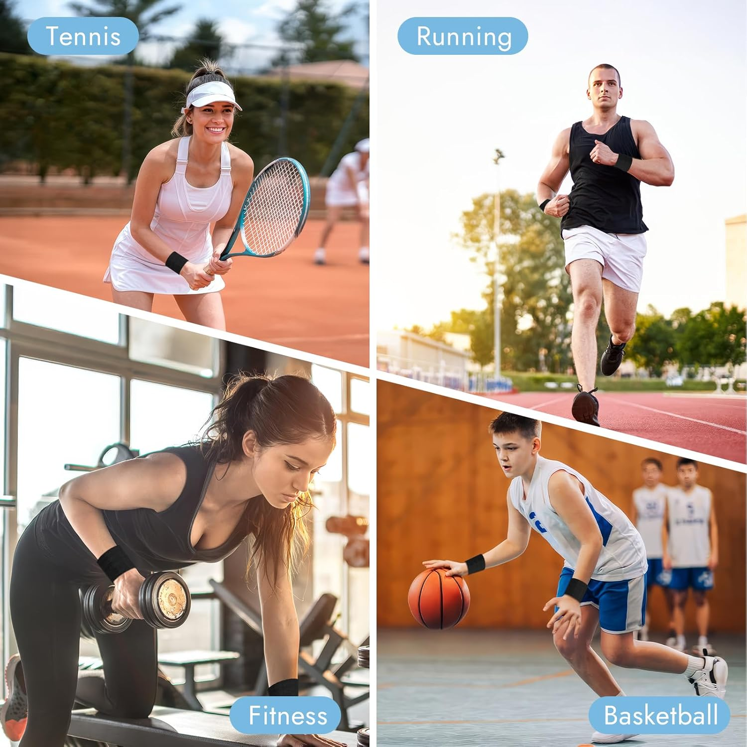 8 Pcs Sports Wrist Sweat Bands for Men & Women， Absorbent Wrist Sweatbands Tennis Wristbands, Elastic Wrist Bands for Sweat for Basketball Tennis Football Gym Running Working Out image number 4