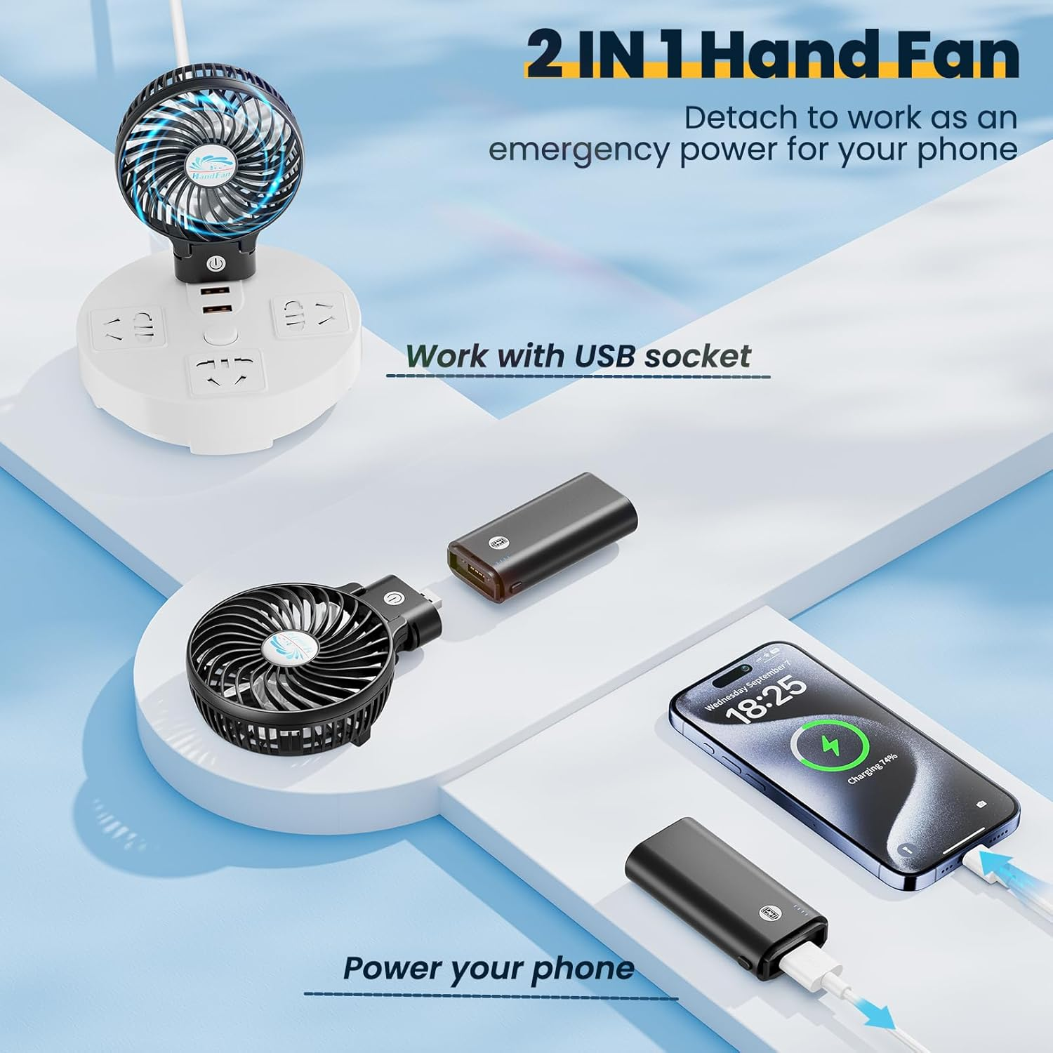 Handfan 5200Mah Portable Handheld Fan, Personal Hand Held Fan USB Rechargeable, 180&deg; Foldable Portable & Detachable Handle Design,3 Speeds Strong Airflow Cooling for Travel/Outdoors/Indoors (Black) image number 6