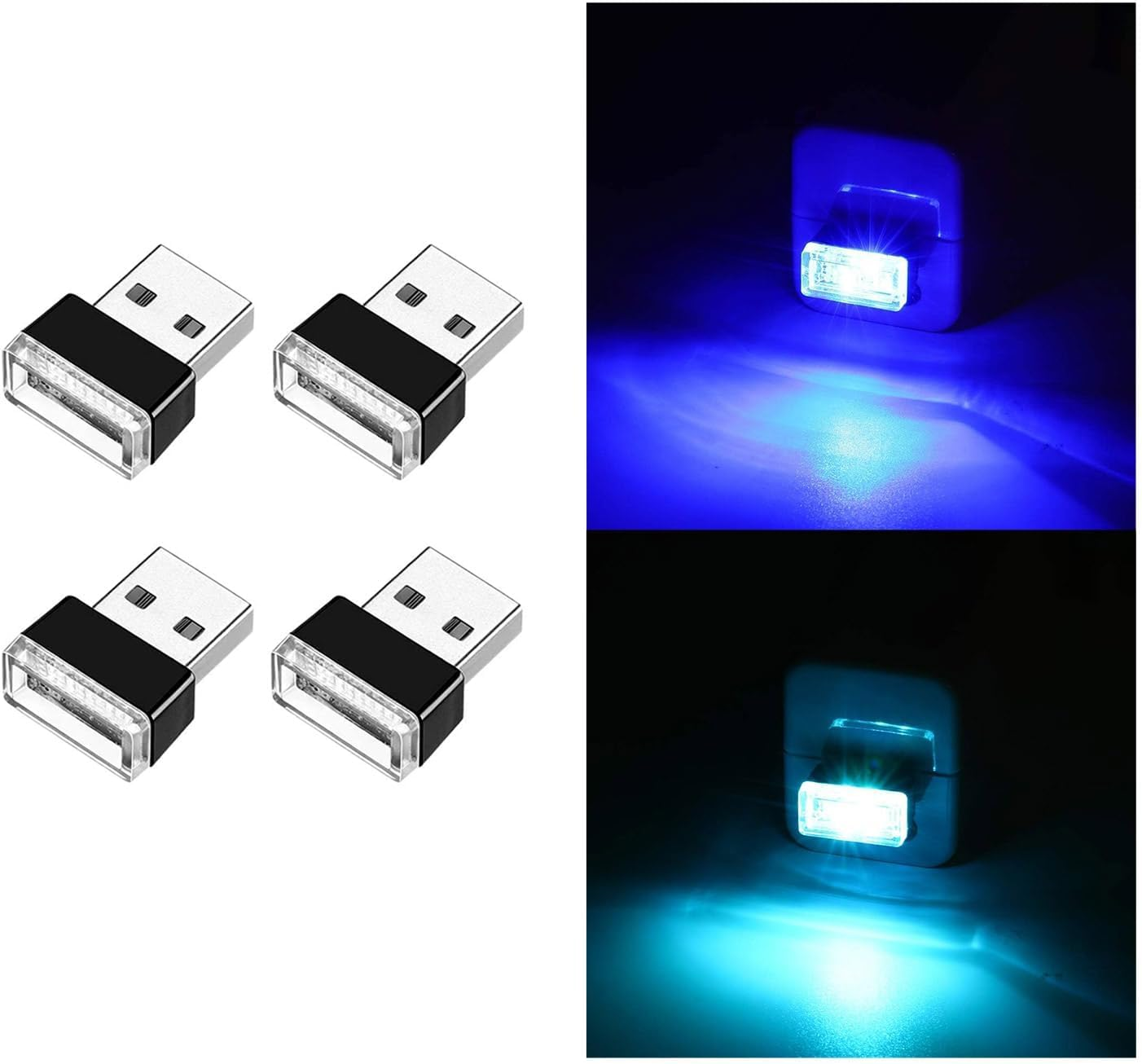 4 PCS USB LED Car Interior Atmosphere Lamp, Portable Mini LED Night Light, Plug-In USB Interface Trunk Ambient Lighting Kit, Universal Car Interior Accessories (Blue+Ice Blue)