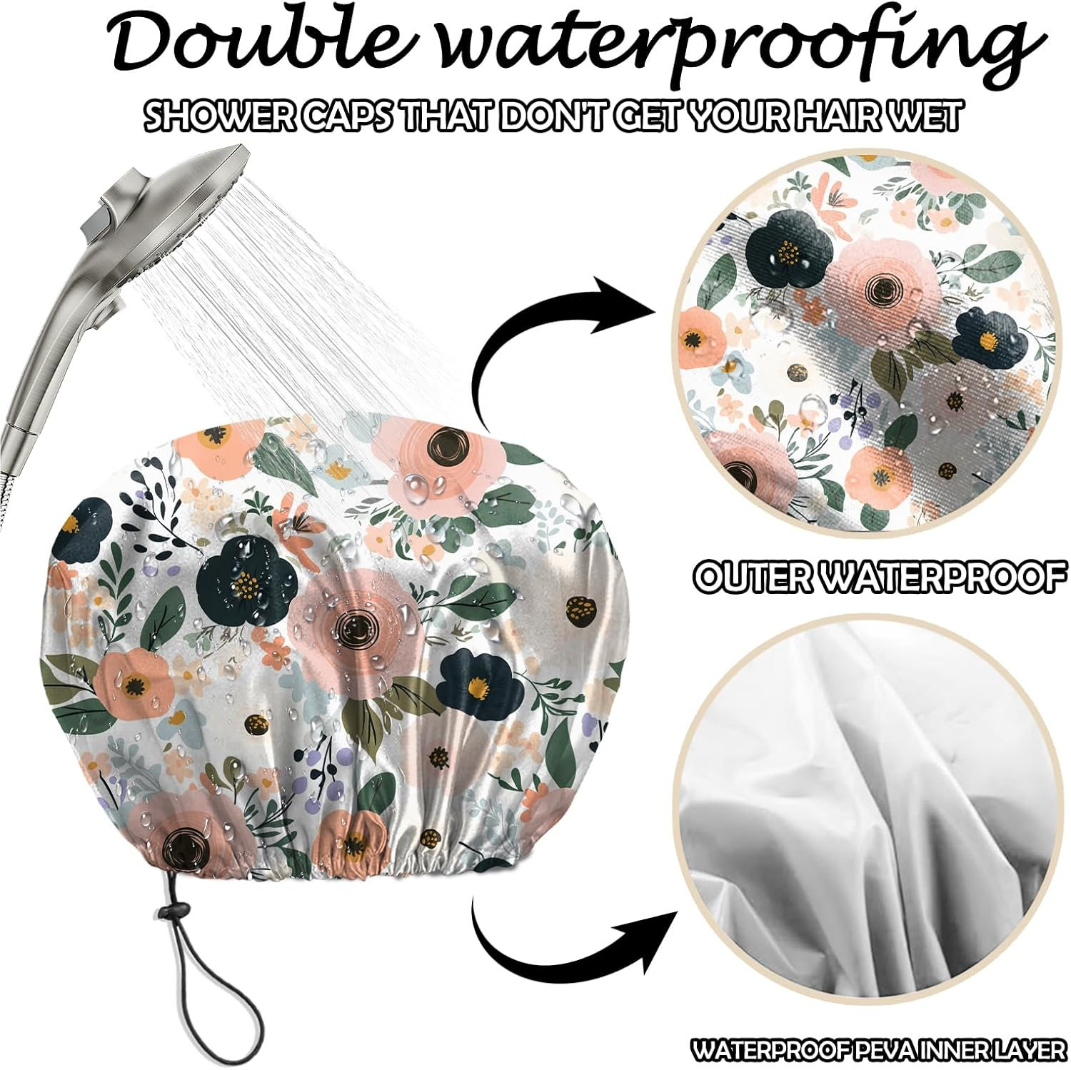 Deokke 2 PCS Shower Cap Reusable Large Waterproof Adjustable Double Layer Elastic Dry Hair Bathing Caps Aesthetic Cute for Women Girls-Butterfly Flower image number 4