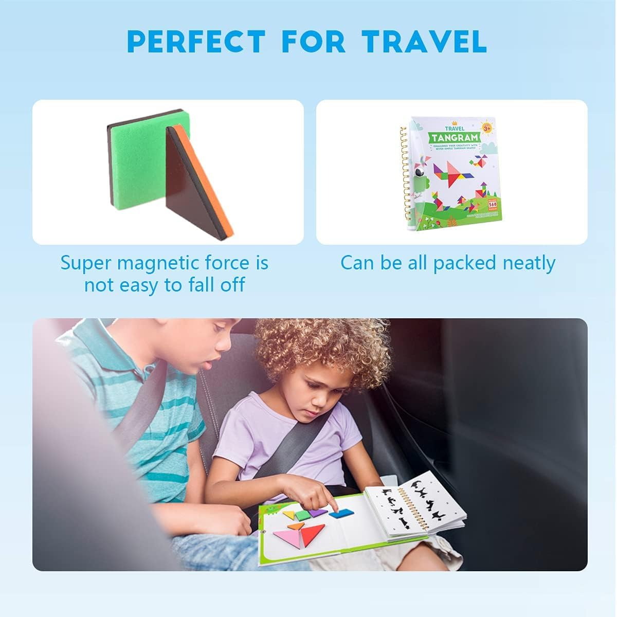 Vanmor Travel Tangram Puzzle with 2 Sets Magnetic Plate, Montessori Shape Pattern Blocks Jigsaw Road Trip Games with 368 Solution, IQ Book Educational Toy Brain Teaser Kids Adults Challenge image number 3