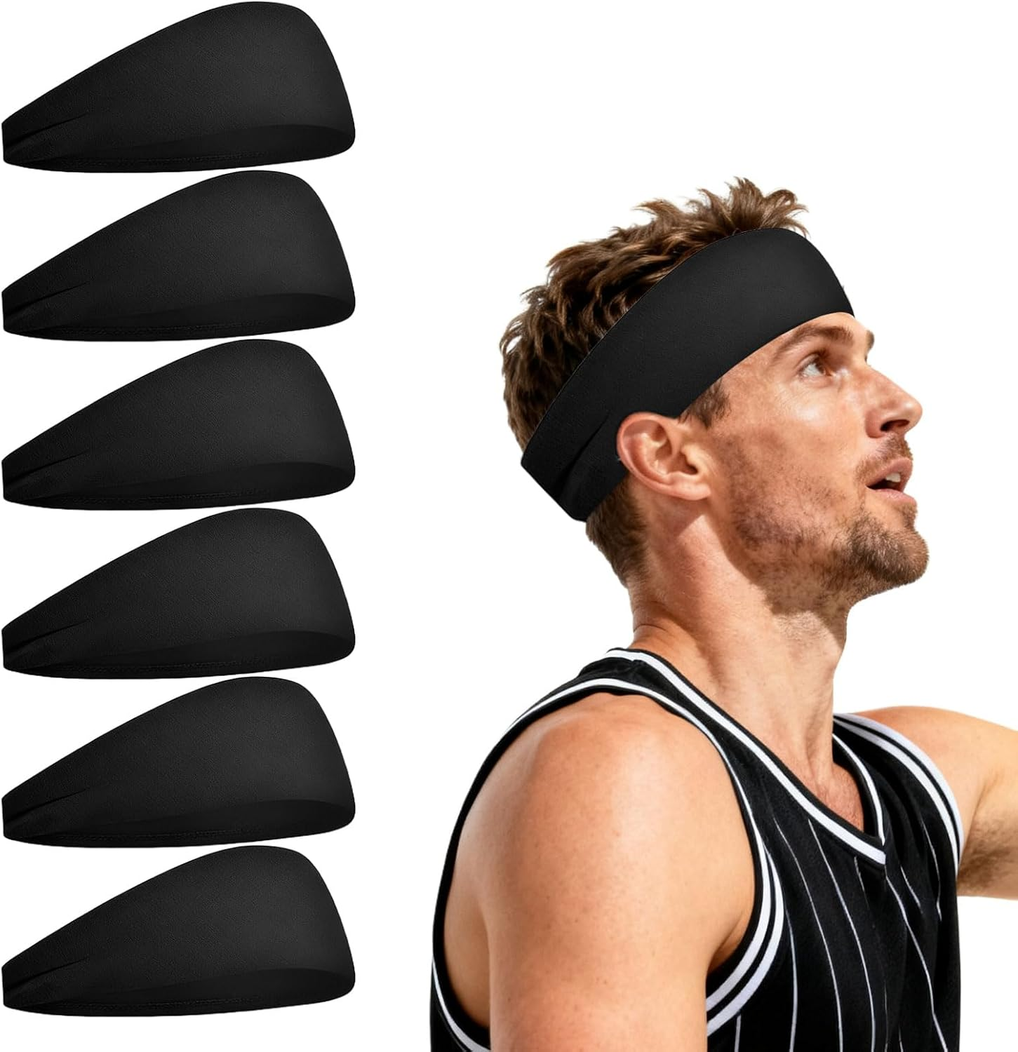 Headbands for Women and Men, 6 Pcs Sports Headband, Elastic Athletic Sweat Band, Hair Band for Men, Workout Headband, Non-Slip Wide Yoga Headband, Black Headband for Running, Cycling, Basketball