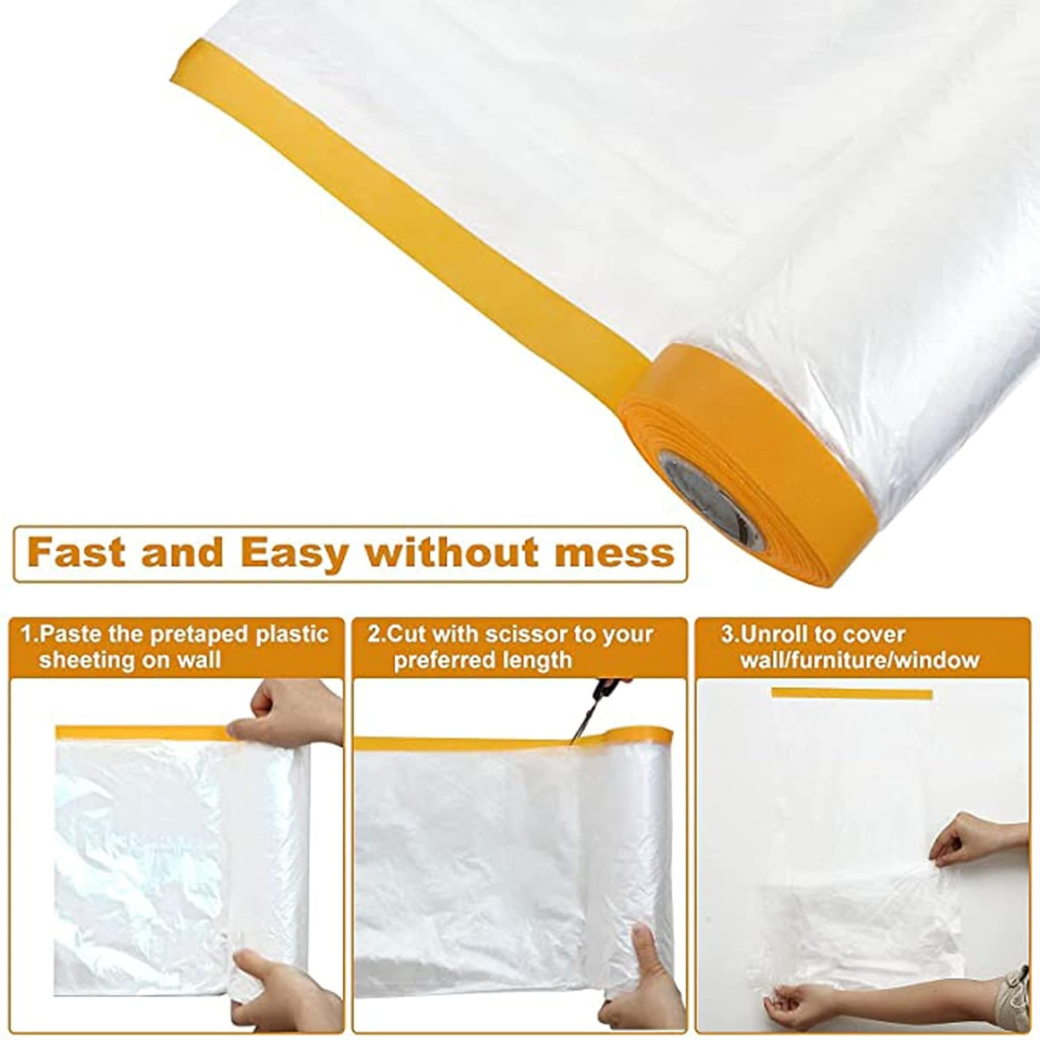 2-Roll 65.5Ft Indoor Pre-Taped Masking Film, Pretaped Plastic Masking Film for Automotive Painting Covering, Adhesive Plastic Painting Drop Film, Automotive Best Masking Tape Paint,65.6-Feet/Pack image number 1