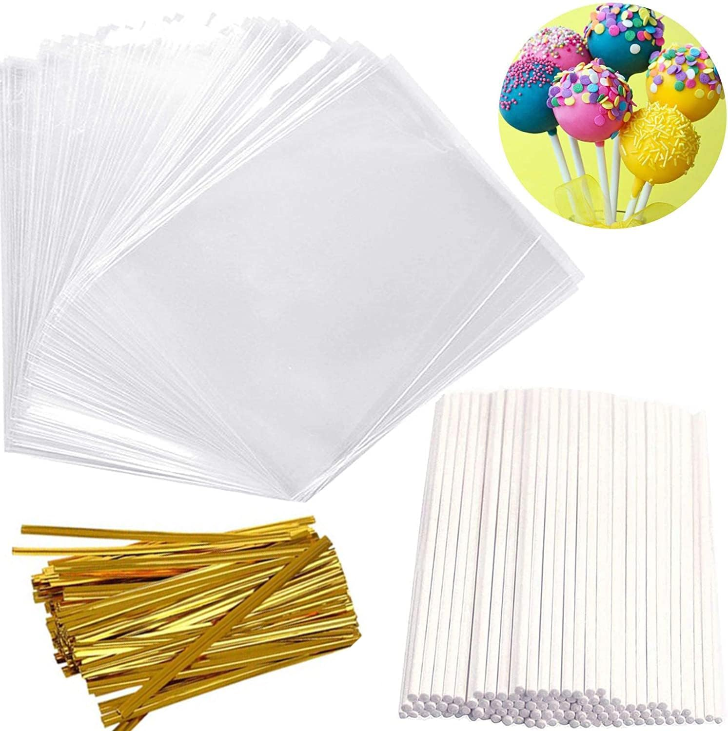 100Pcs Cake Pop Sticks and 100Pcs Parcel Bags, 100Pcs Colorful Metallic Twist Ties, for Making Lollipops, Cake Pops, Candies, Chocolates and Cookies (Large-5.9Inch) image number 6